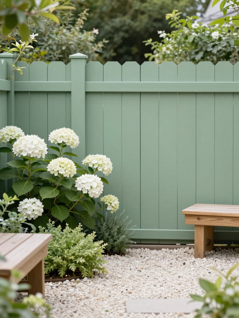 Image Prompt: A beautiful home garden with a painted sage green fence screen, white flowers, hydrangeas, soft shrubs, natural wood seating, light gravel path, calm and elegant garden styling, fresh premium outdoor design, realistic DSLR photo quality, no people, no watermarks on images.