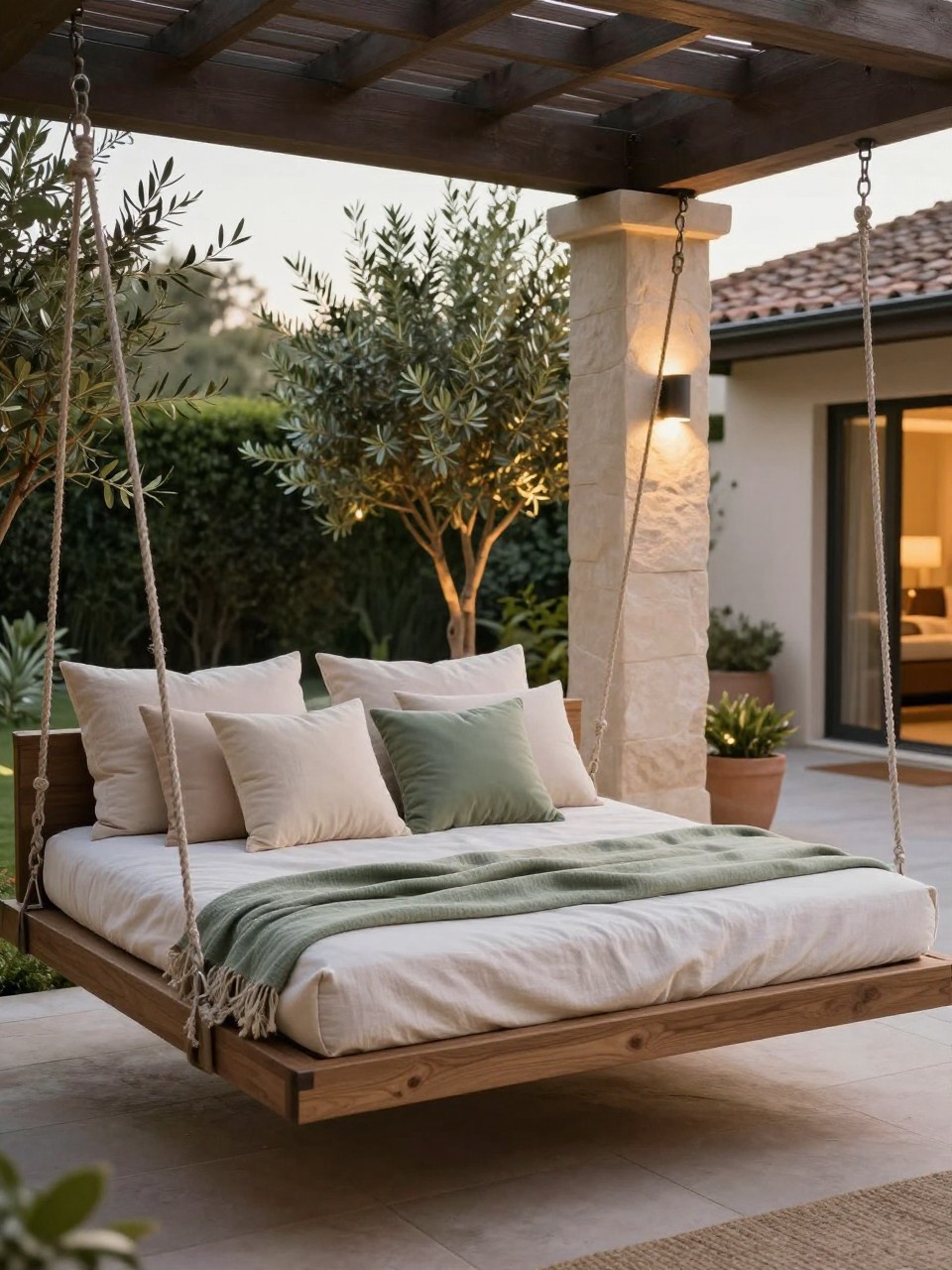 Image Prompt: A luxury backyard swing bed hanging from a covered patio or pergola, thick mattress cushion, layered pillows in beige, ivory, and soft green, linen throw blanket, potted olive trees, warm outdoor lighting, premium cozy patio design, realistic DSLR photo quality, no people, no watermarks on images.