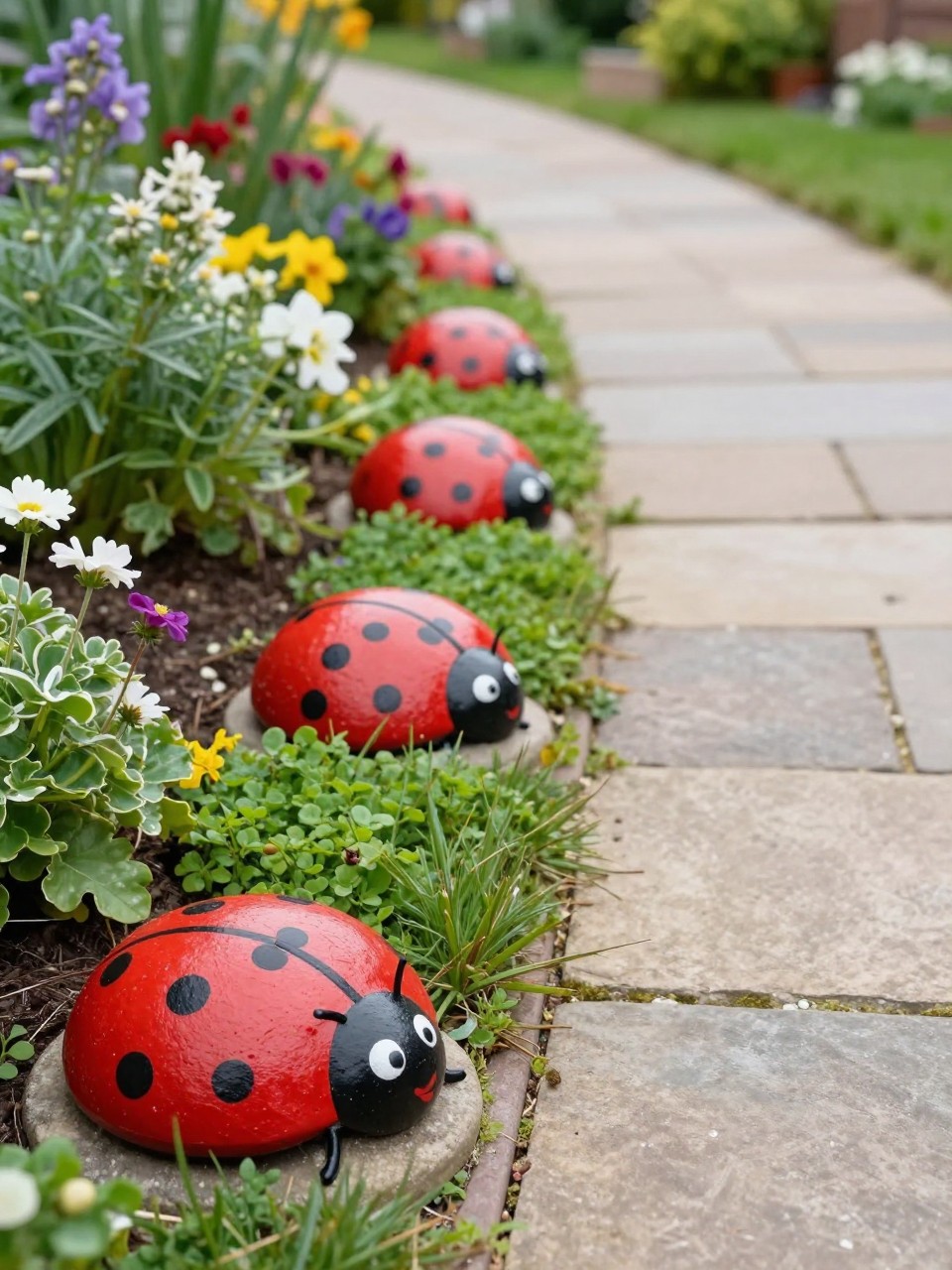 Image Prompt: A charming garden path lined with hand-painted ladybug rocks, red and black painted stones tucked between flowers and soft green ground cover, cheerful cottage garden setting, natural stone walkway, bright daylight, playful but tasteful outdoor decor, realistic DSLR photo quality, no people, no watermarks on images.