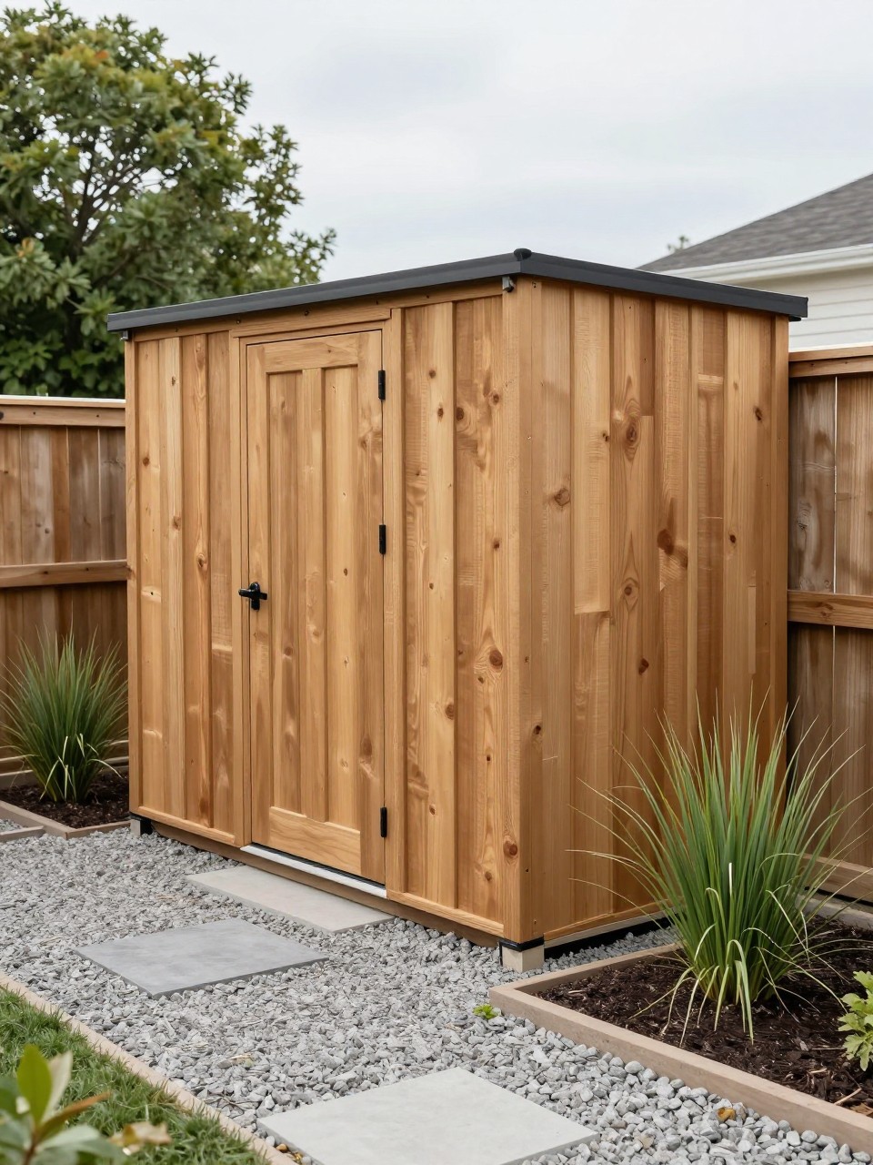 Image Prompt: A backyard storage shed built into a matching wooden fence line, seamless siding, hidden door, gravel path, slim planting beds, ornamental grasses, modern compact garden design, realistic DSLR photo quality, no people, no watermarks on images.