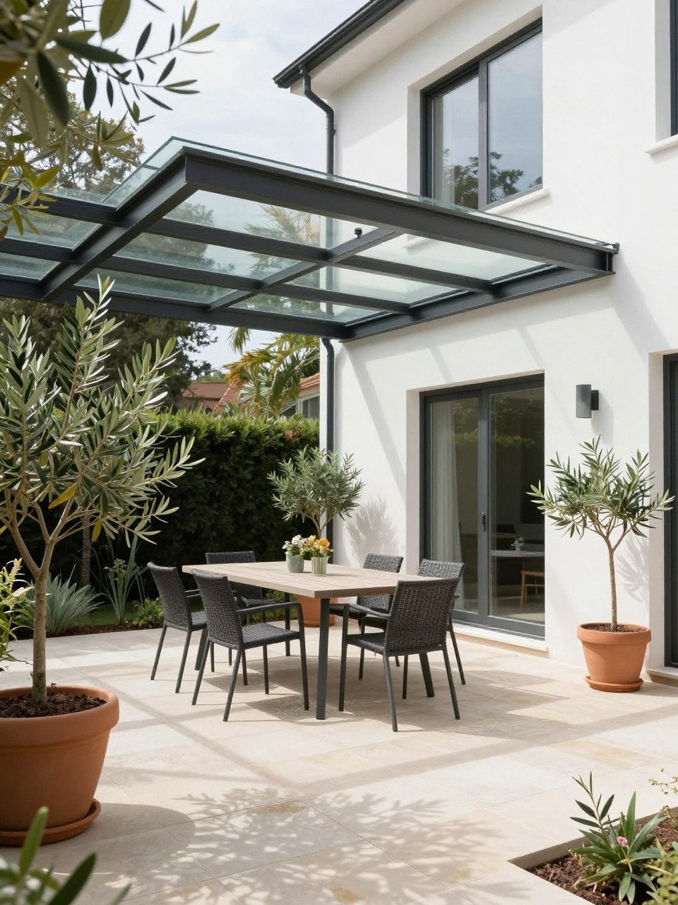 Image Prompt: A bright modern patio with a glass roof attached to the house, slim black metal frame, outdoor dining table below, light stone tile floor, potted olive trees, white exterior wall, natural daylight filtering through the glass panels, airy and elegant backyard design, no people, photorealistic DSLR image, no text, no watermarks on images.