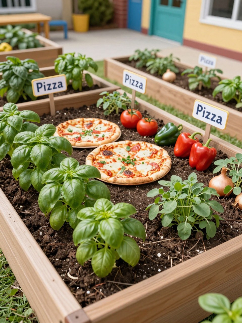 Image Prompt: A creative school pizza garden with sections for basil, tomatoes, peppers, oregano, and onions, fun labeled beds, child-friendly layout, bright and educational school garden design, realistic DSLR photo quality, no watermarks on images.