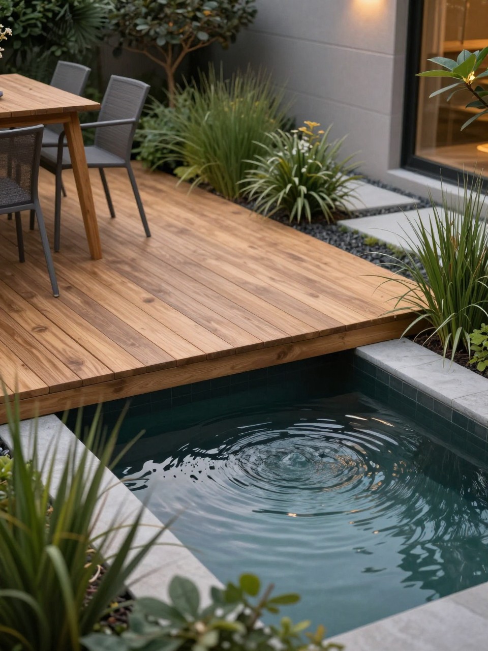 Image Prompt: A stylish garden pond with warm wooden decking extending slightly over the water, modern outdoor chairs nearby, grasses and water plants around the edges, sleek yet natural backyard design, soft evening light, realistic DSLR photo quality, no people, no watermarks on images.