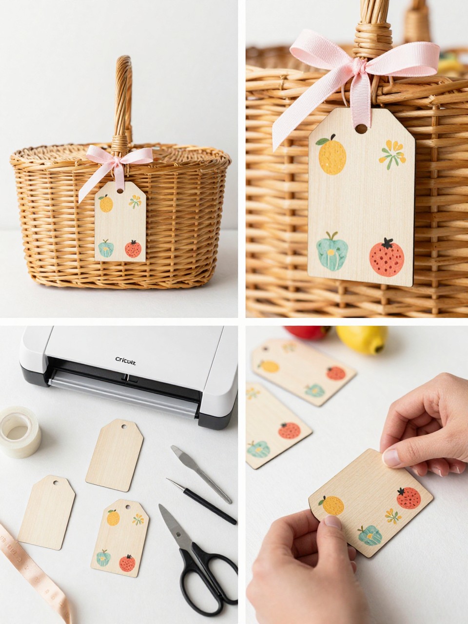 A realistic editorial 2x2 collage grid showing a Cricut summer picnic basket tag, top-left finished woven picnic basket with a wooden tag decorated with vinyl fruit icons, flowers, and a simple name, top-right close-up of clean vinyl details on the tag with ribbon tied to the basket handle, bottom-left flat lay of blank wooden tags, permanent vinyl, transfer tape, Cricut machine, scraper, weeding tool, ribbon, and scissors, bottom-right cropped hands applying vinyl to a wooden tag, sunny picnic craft table setting, no faces, no text except simple name label, no watermark on images.