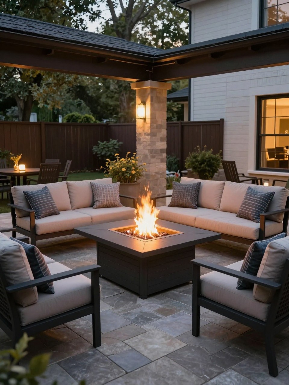 Image Prompt: A stylish under deck patio with a rectangular gas fire table, outdoor sofa and chairs arranged around it, stone paver floor, open sides for airflow, warm evening lighting, modern cozy backyard setup, no people, realistic DSLR image, no text, no watermarks on images.