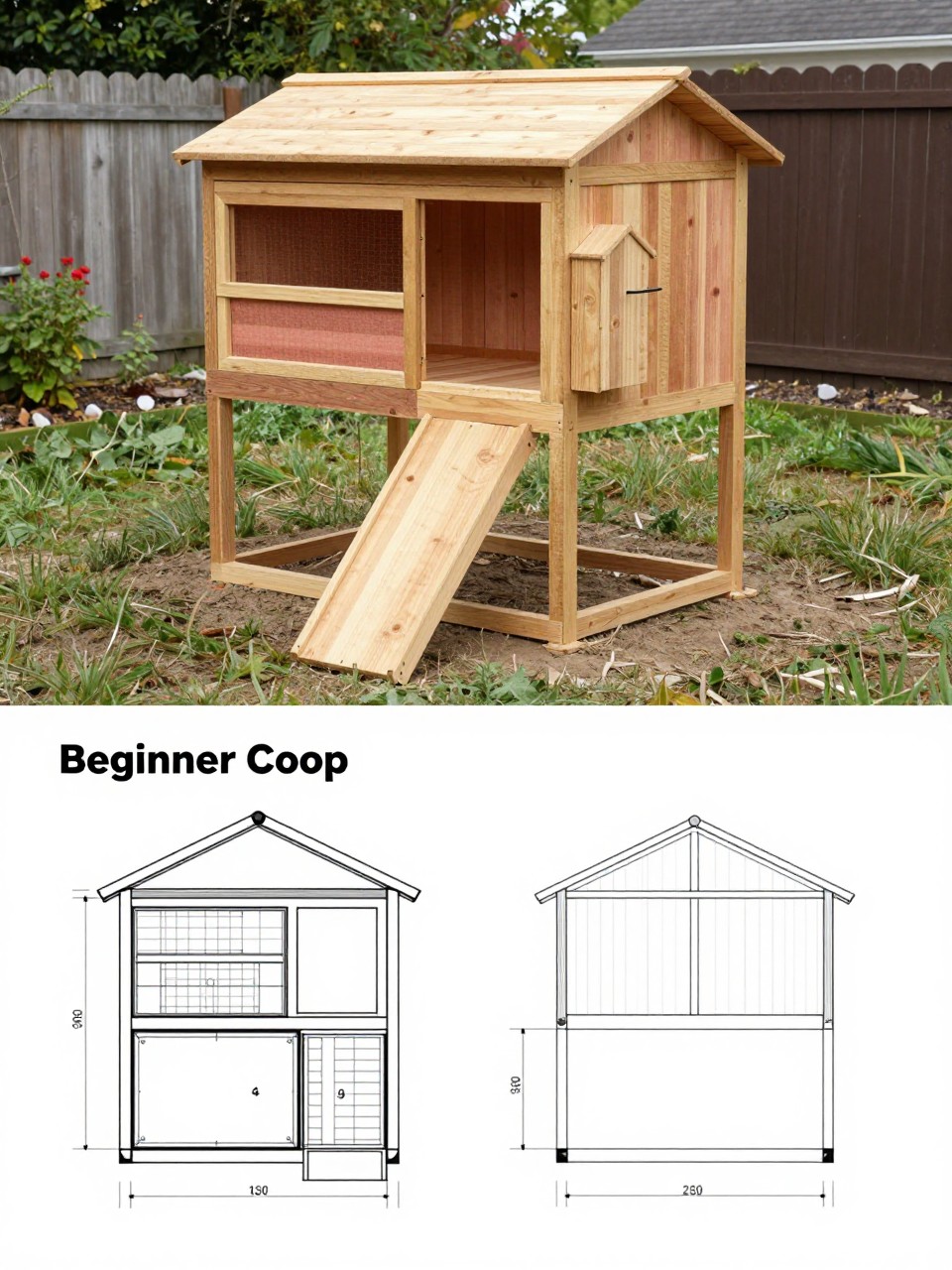 Image Prompt: A vertical 2-collage image. The top half shows a realistic simple chicken coop built as a weekend project, rectangular wooden shape, sloped roof, small ramp, side nesting box, attached run, and a clean beginner-friendly backyard setting. The bottom half shows a matching beginner coop plan sheet with easy front and side views, floor layout, simple dimensions, and a basic construction drawing that looks like a downloadable DIY plan. The top image and bottom plan should clearly match the same coop. No people, no watermark.
