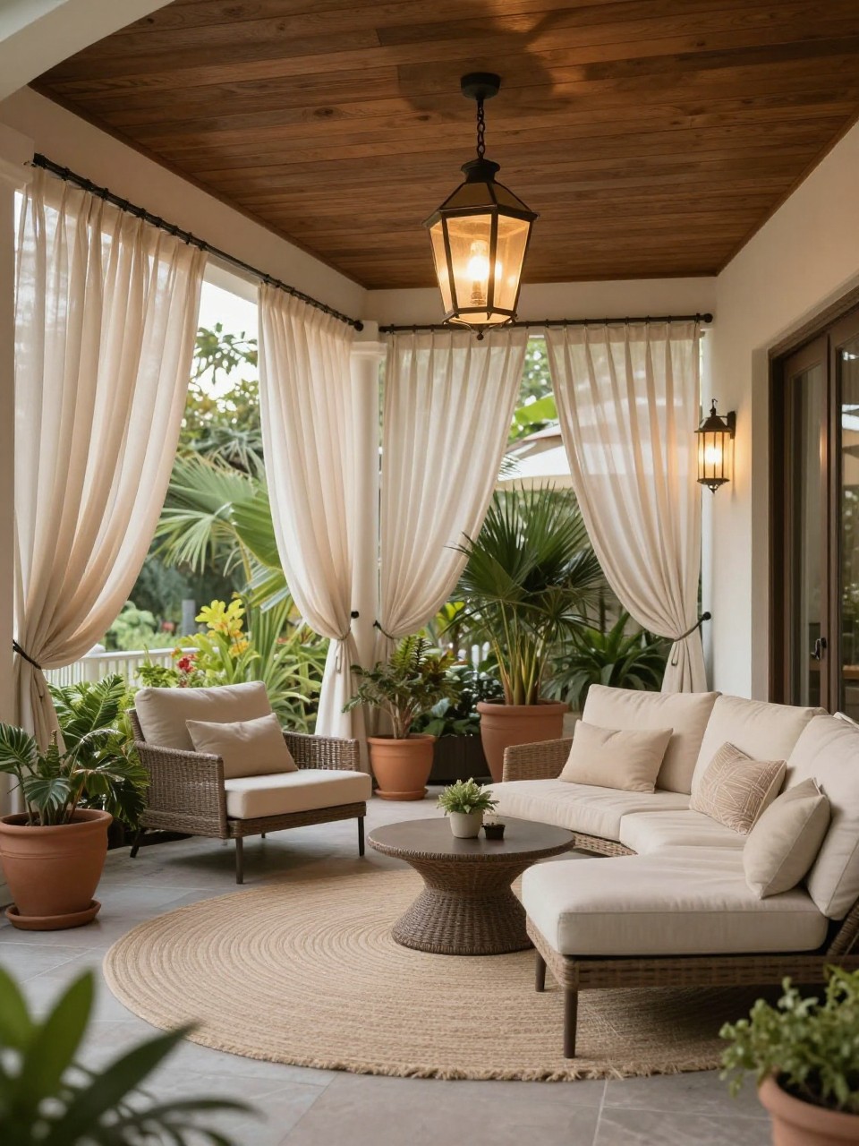 Image Prompt: A beautiful covered back porch patio with flowing outdoor curtains, soft beige lounge chairs, textured rug, potted plants, wooden ceiling, warm lantern lighting, elegant resort-inspired outdoor room design, realistic DSLR photo quality, no people, no watermarks on images.