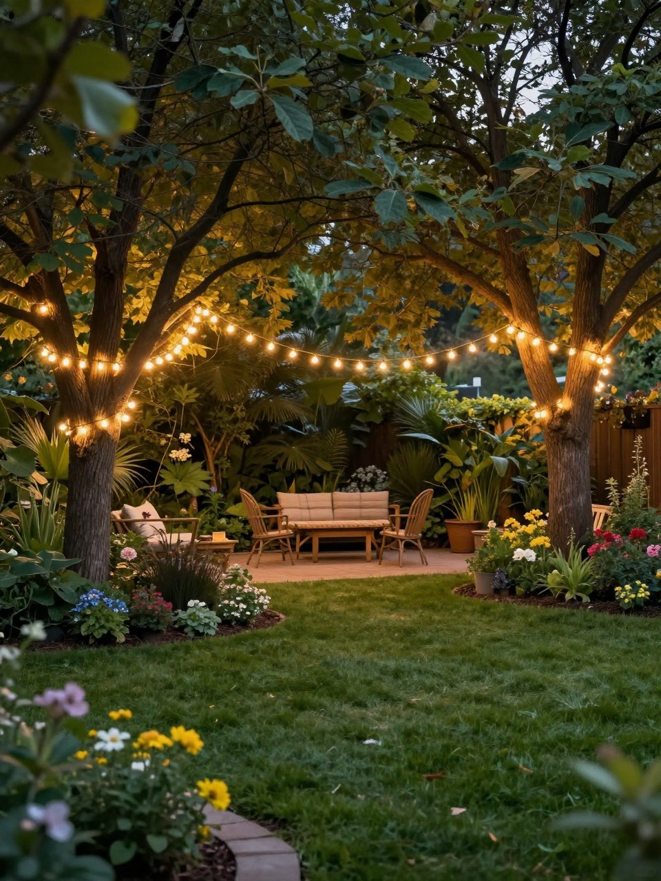 Image Prompt: A beautiful backyard garden with warm string lights draped between mature trees, cozy seating below, soft lawn, flower borders, natural garden setting, magical evening glow, peaceful outdoor retreat, realistic DSLR photo quality, no people, no watermarks on images.