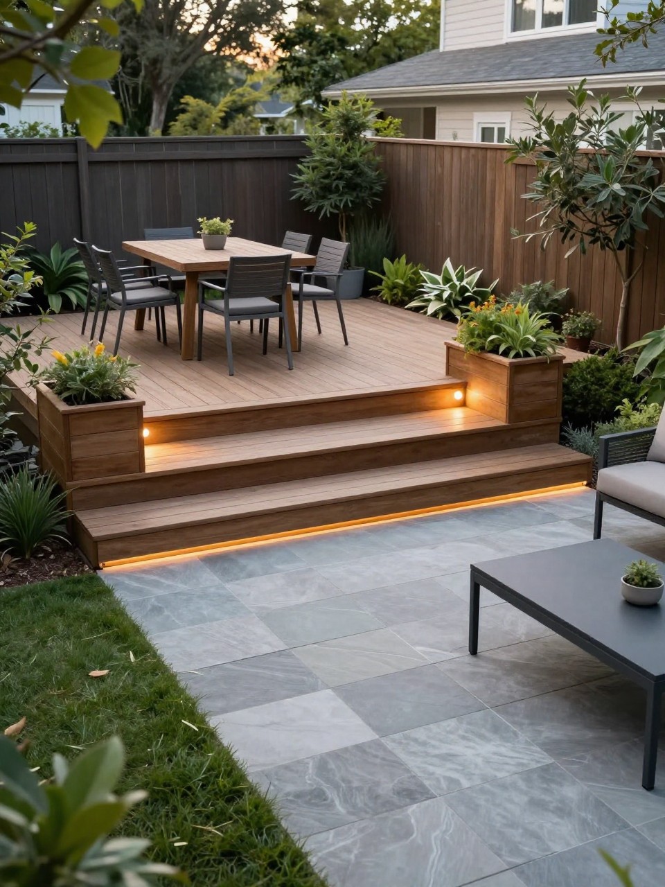 Image Prompt: A large backyard with a multi-level wooden deck stepping down into a stone patio lounge zone, outdoor sofa on the patio, dining set on the upper deck, planters built into the deck edges, warm step lights, clean landscaped backyard, no people, realistic editorial garden photo, no text, no watermarks on images.