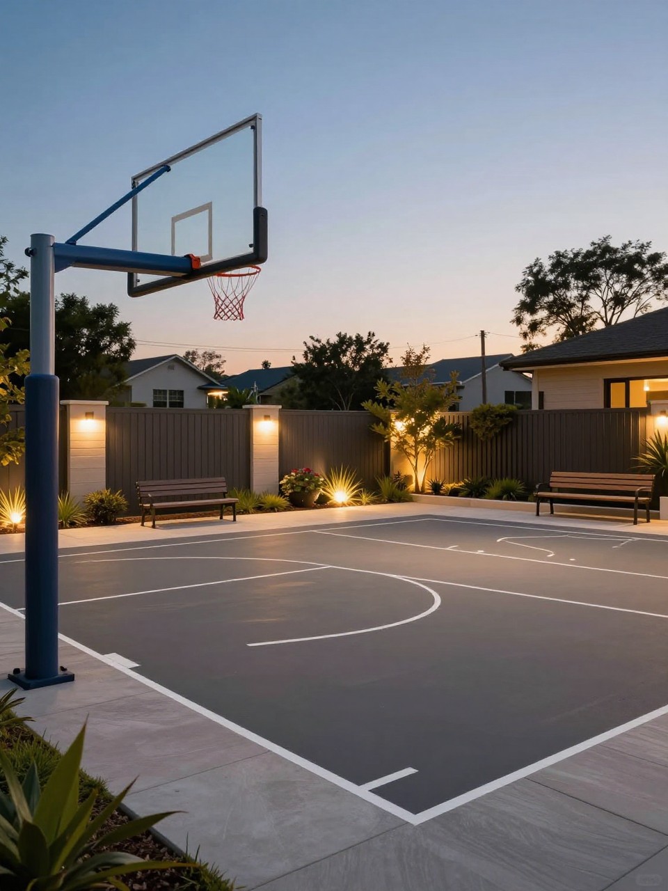Image Prompt: A stunning backyard sport court at dusk with soft overhead court lights, basketball hoop, clean court surface, warm garden lighting around the edges, modern fence, seating bench nearby, premium evening sports backyard design, realistic DSLR photo quality, no people, no watermarks on images.