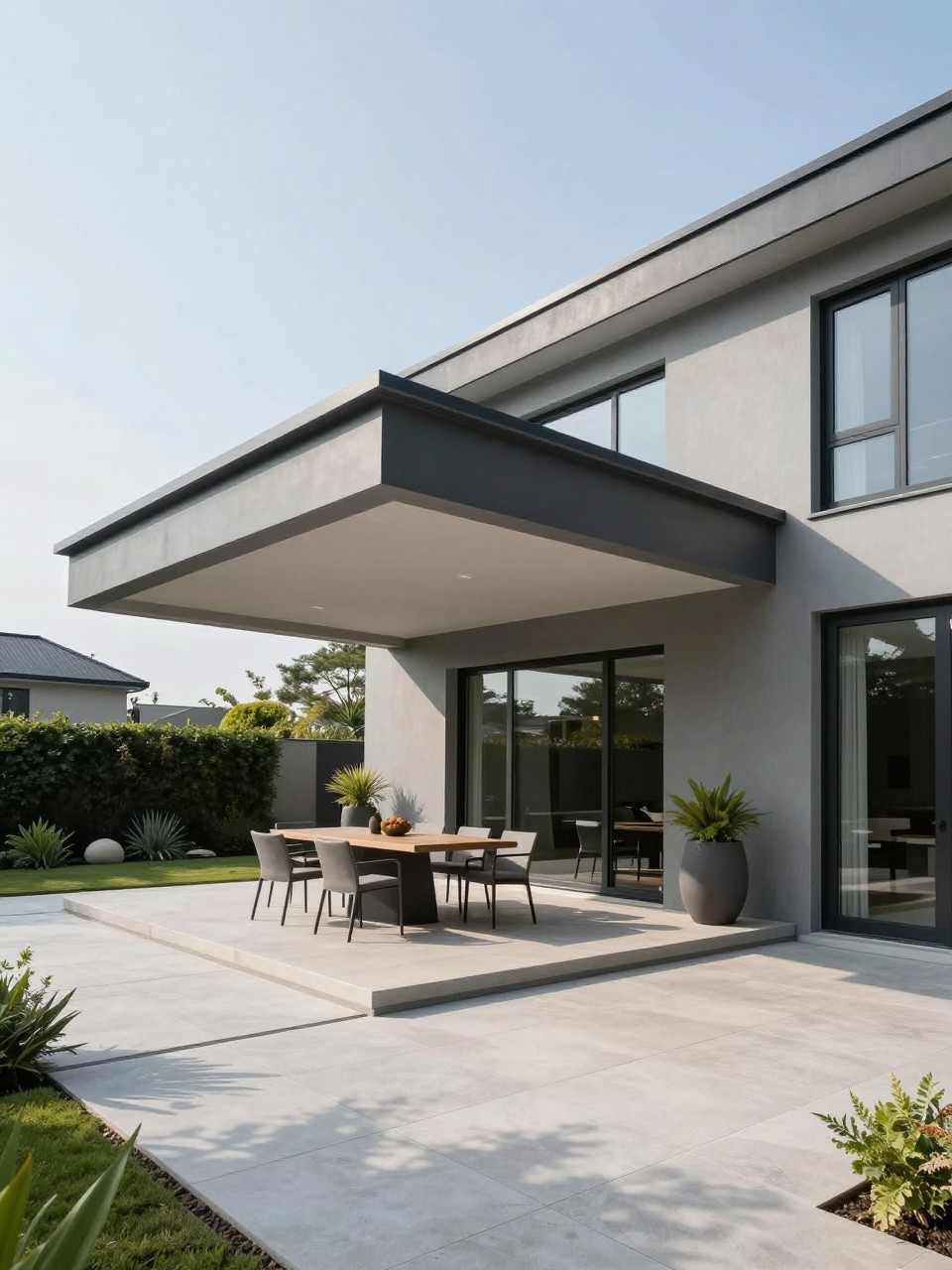 Image Prompt: A striking modern patio with a cantilevered roof extension extending from the house without front support posts, sleek gray exterior wall, outdoor dining area below, large paver floor, sculptural planters, clean luxury backyard design, bright daylight, no people, photorealistic architectural photo, no text, no watermarks on images.
