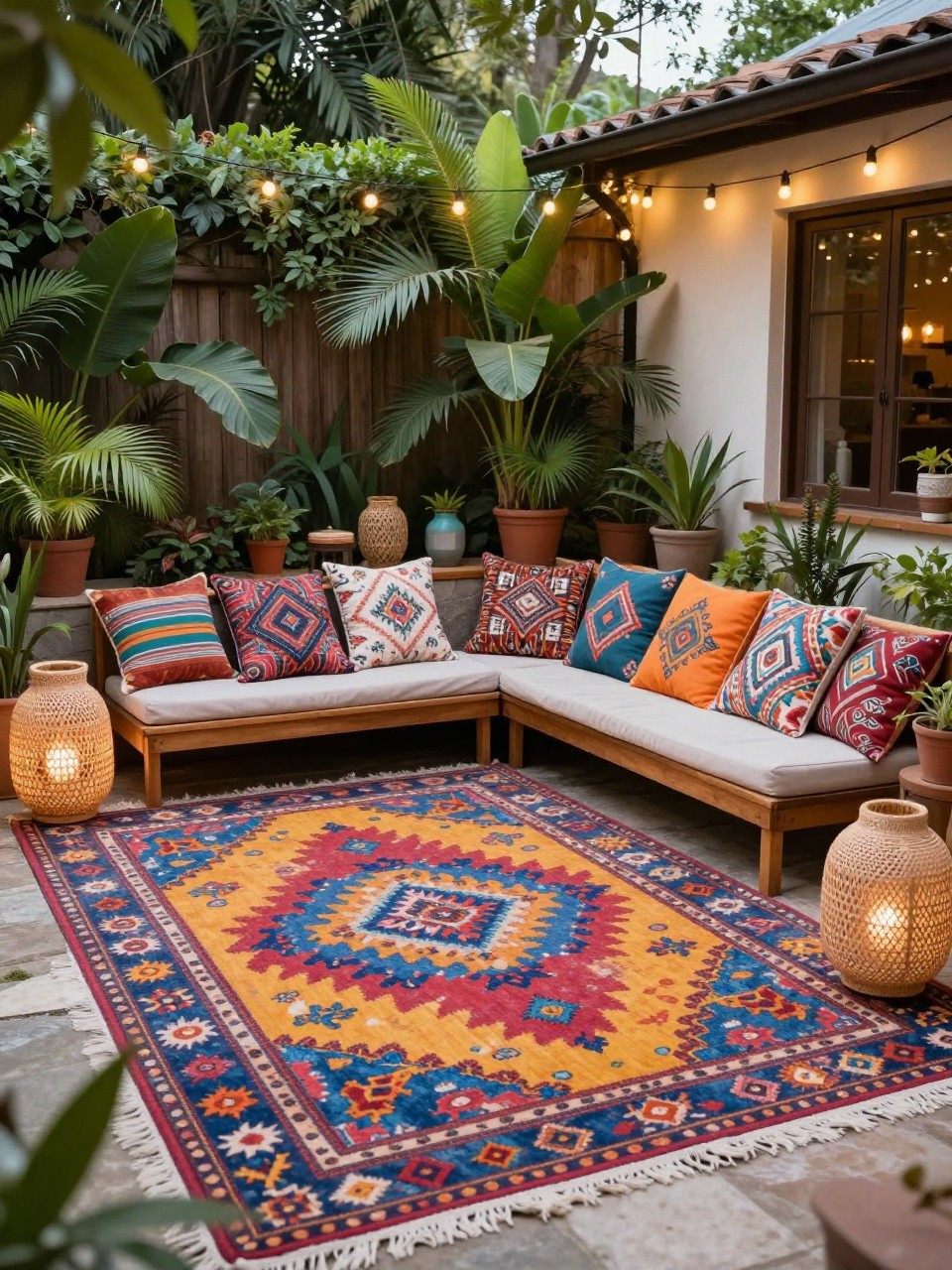 Image Prompt: A colorful boho patio with a bright patterned outdoor rug, low wooden seating, mixed throw pillows, potted plants, woven lanterns, small side tables, warm string lights, relaxed creative backyard atmosphere, no people, realistic DSLR image, no text, no watermarks on images.