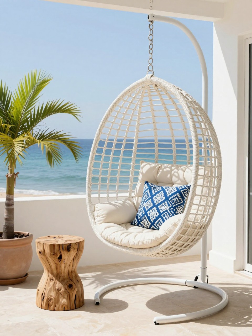 Image Prompt: A lovely coastal patio with a white or natural rattan hanging egg chair, cream cushion, small driftwood side table, blue patterned pillow, potted palm, light stone floor, airy beachy lounge corner, no people, realistic DSLR photo, no text, (no watermarks on images)