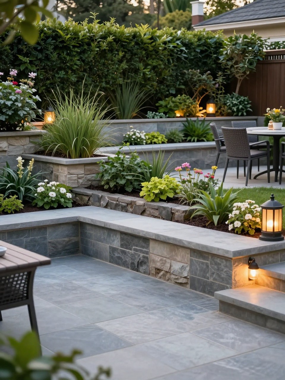 Image Prompt: A beautiful slanted backyard with a lower stone patio seating area and raised planting beds above it, retaining wall, lush greenery, soft flowers, outdoor dining set, warm garden lights, elegant layered backyard design, realistic DSLR photo quality, no people, no watermarks on images.