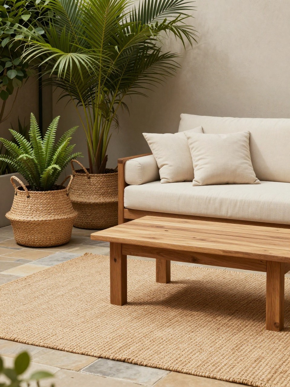Image Prompt: A relaxed patio lounge with woven basket-style planters holding leafy green plants, cream outdoor sofa, wooden coffee table, jute-style outdoor rug, warm stone paver floor, soft neutral cushions, cozy natural backyard design, no people, realistic DSLR image, no text, no watermarks on images.