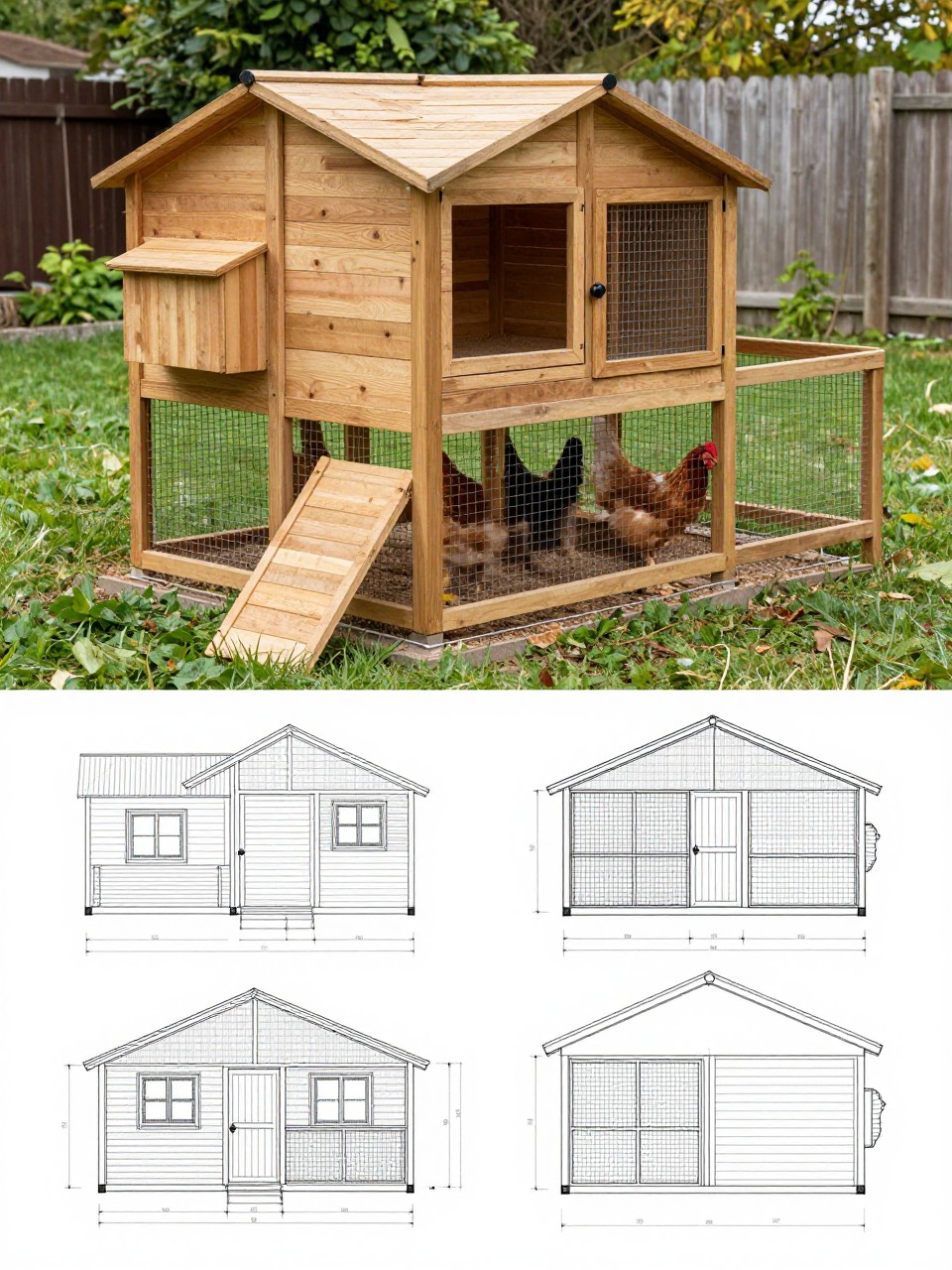 Image Prompt: A vertical 2-collage image. The top half shows a realistic wooden chicken coop with a clearly attached run, sloped roof, side nesting box, small ramp, wire mesh enclosure, and chickens safely inside. The backyard is neat, green, and practical. The bottom half shows the matching coop plan layout with the enclosed house and attached run drawn in front, side, and top views, with measurements and framing notes in a blueprint-style design. No people, no watermark.