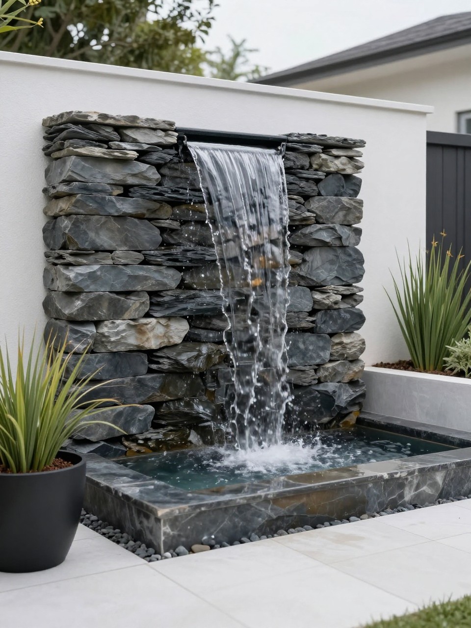Image Prompt: A stylish homemade stacked slate waterfall wall in a modern garden, water flowing down dark slate stones into a narrow basin, clean paving, black planters, ornamental grasses, elegant contemporary backyard design, realistic DSLR photo quality, no people, no watermarks on images.