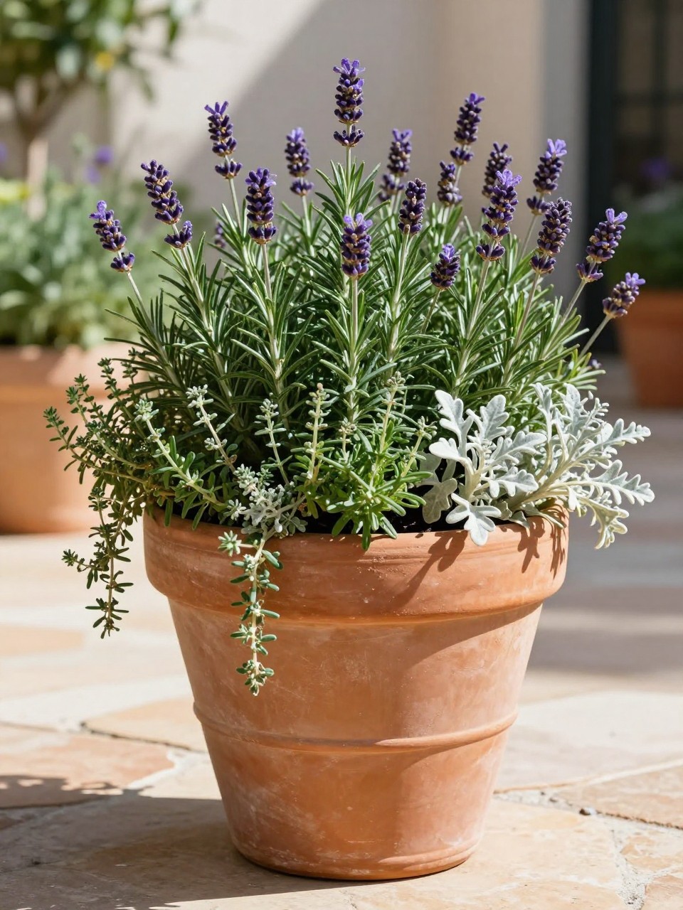 Image Prompt: A beautiful full sun garden planter in a large terracotta pot, filled with lavender, rosemary, trailing thyme, and soft silver foliage, set on a warm stone patio, Mediterranean-inspired garden styling, bright natural sunlight, premium outdoor decor, realistic DSLR photo quality, no people, no watermarks on images.