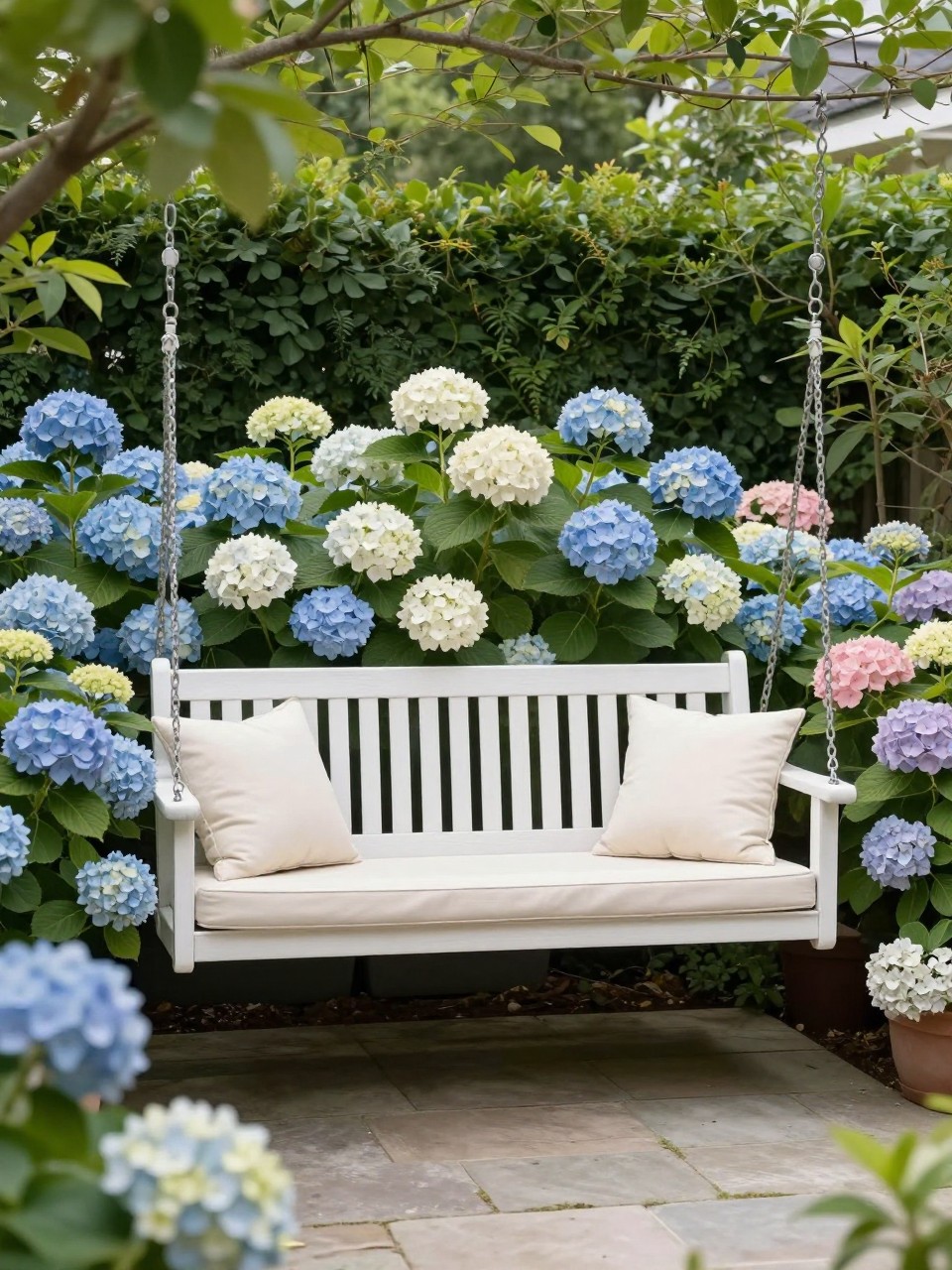 Image Prompt: A beautiful backyard swing bench surrounded by lush hydrangea bushes in soft blue, white, and pale pink, cream cushions, stone path, leafy green backdrop, elegant and cozy garden retreat, realistic DSLR photo quality, no people, no watermarks on images.