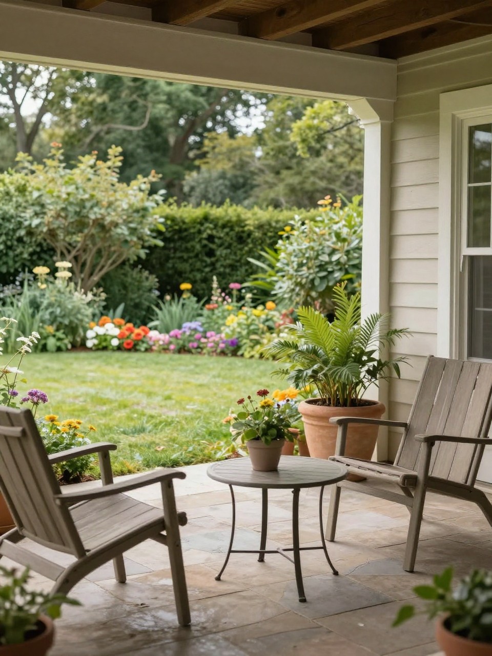 Image Prompt: A peaceful back porch patio facing a lush backyard garden, simple outdoor chairs, small round table, large potted plants, stone patio floor, flower borders in the background, calm and elegant outdoor living space, realistic DSLR photo quality, no people, no watermarks on images.