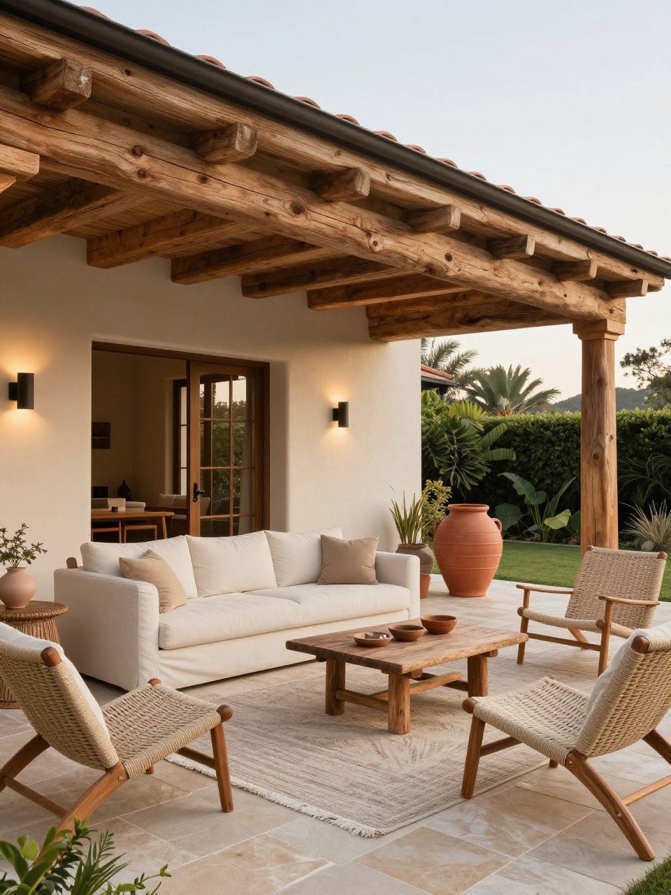Image Prompt: A warm attached patio roof with exposed natural wood beams, cream outdoor sofa, woven lounge chairs, stone paver floor, large clay pots, soft wall sconces, neutral outdoor rug, relaxed but stylish backyard setting, no people, realistic editorial home and garden photo, no text, no watermarks on images.