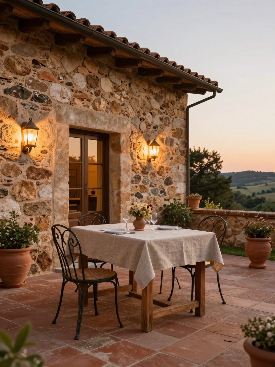 Image Prompt: A rustic Tuscan-style European patio with natural stone walls, warm terracotta tile floor, wooden dining table, simple linen table runner, wrought iron chairs, clay urn planters, soft sunset lighting, cozy countryside villa atmosphere, no people, realistic DSLR image, no text, no watermarks on images.