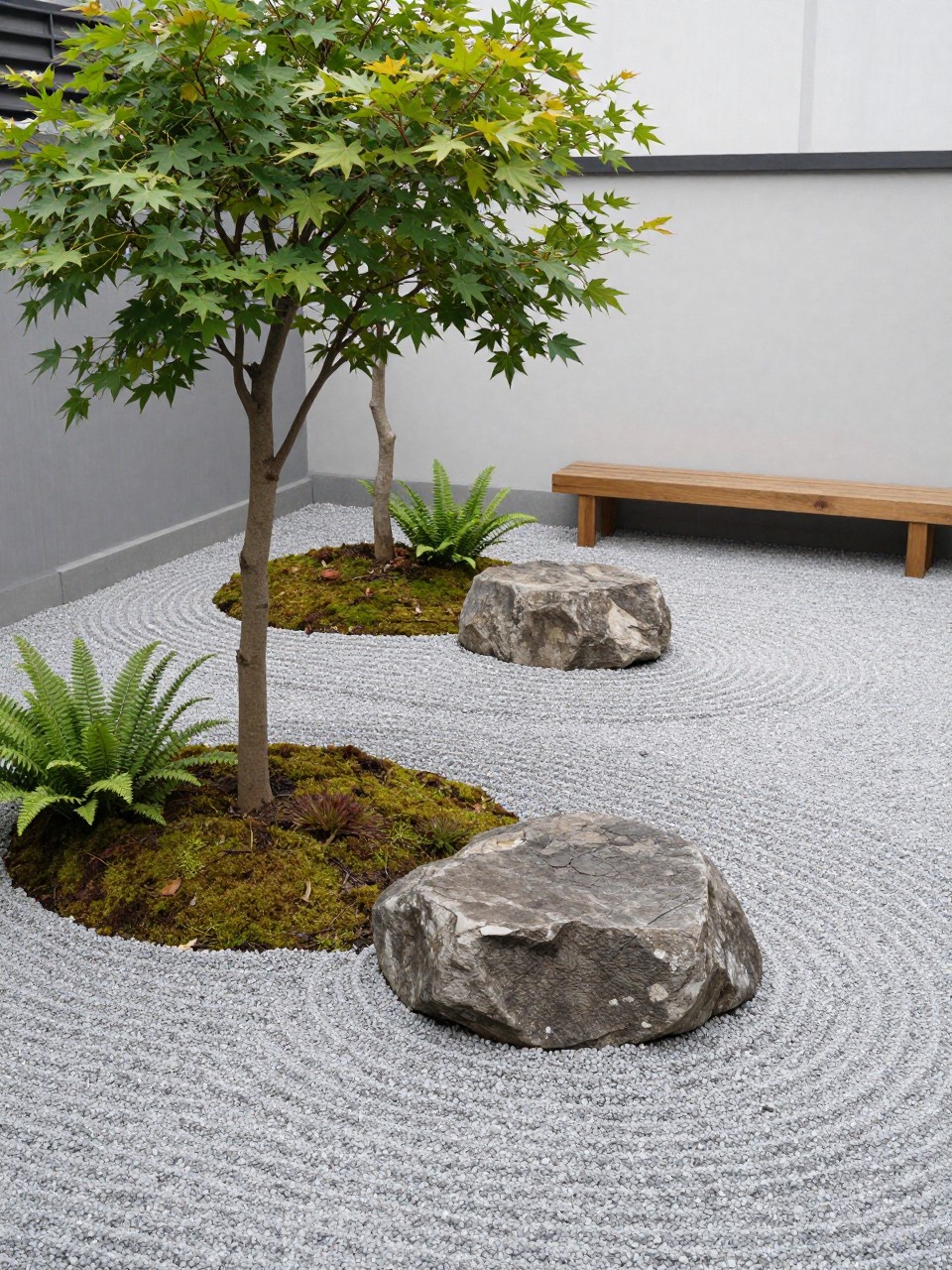 Image Prompt: A calm no grass backyard with raked gravel, large natural stones, small acer tree, moss patches, simple wooden bench, ferns, clean Japanese-inspired garden design, peaceful and minimal outdoor space, realistic DSLR photo quality, no people, no watermarks on images.