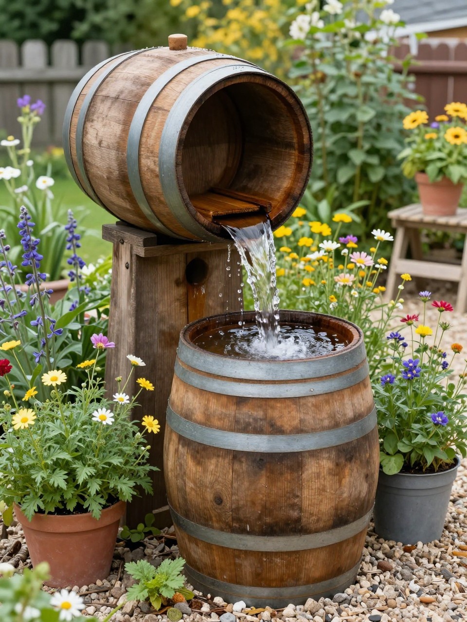 Image Prompt: A rustic homemade waterfall made from wooden barrels, water flowing from one barrel into another, surrounded by wildflowers, herbs, gravel, vintage garden details, charming country backyard design, realistic DSLR photo quality, no people, no watermarks on images.