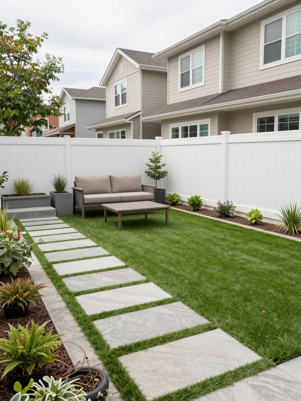 Image Prompt: A beautiful townhome backyard with a small artificial turf area, large paver stepping stones, raised planters, compact outdoor sofa, clean privacy fence, family-friendly and low-maintenance garden design, realistic DSLR photo quality, no people, no watermarks on images.