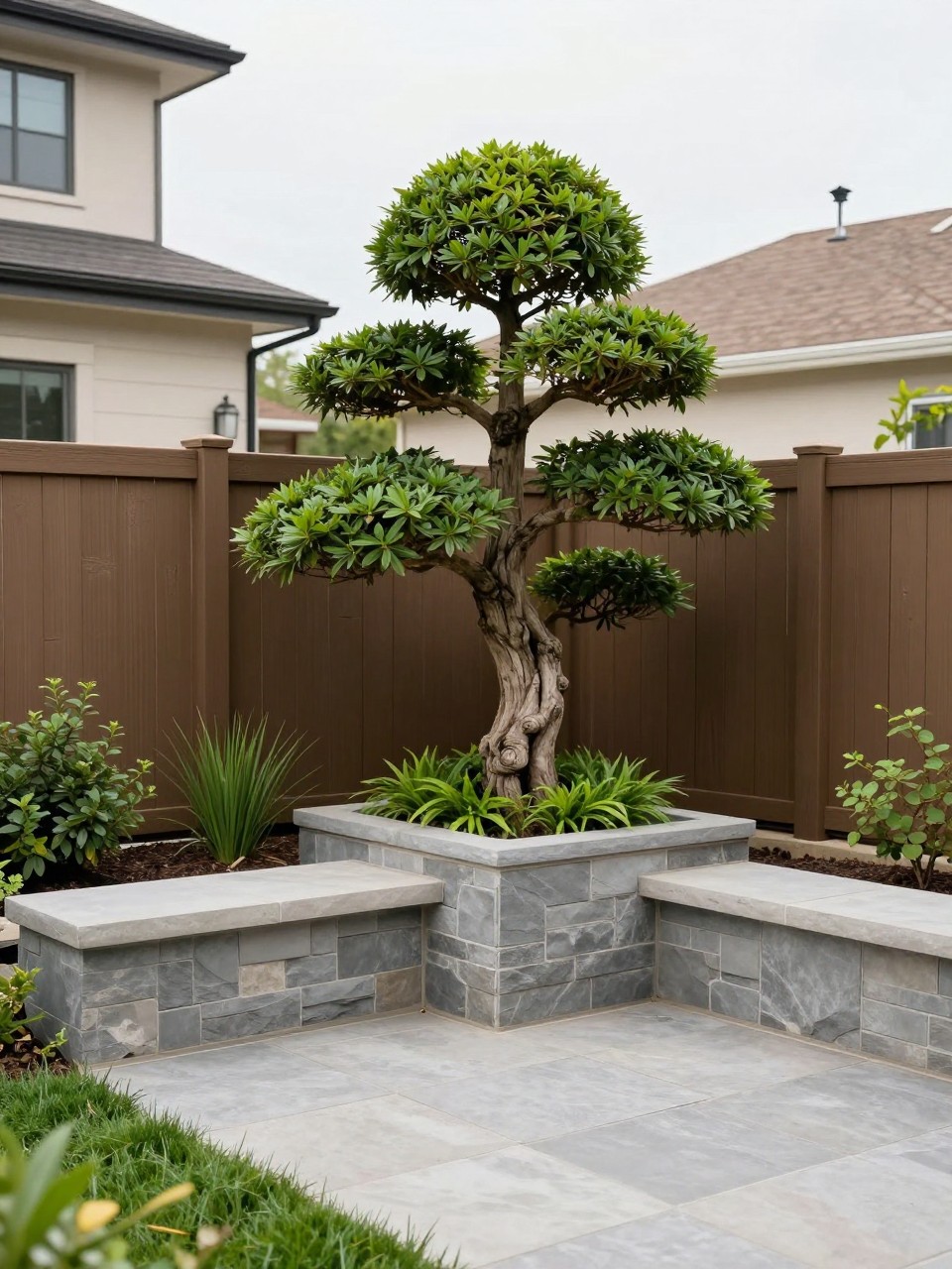 Image Prompt: A small townhome backyard with one statement ornamental tree in a large planter, simple stone patio, built-in bench, low greenery, warm fence, elegant minimal garden design, realistic DSLR photo quality, no people, no watermarks on images.
