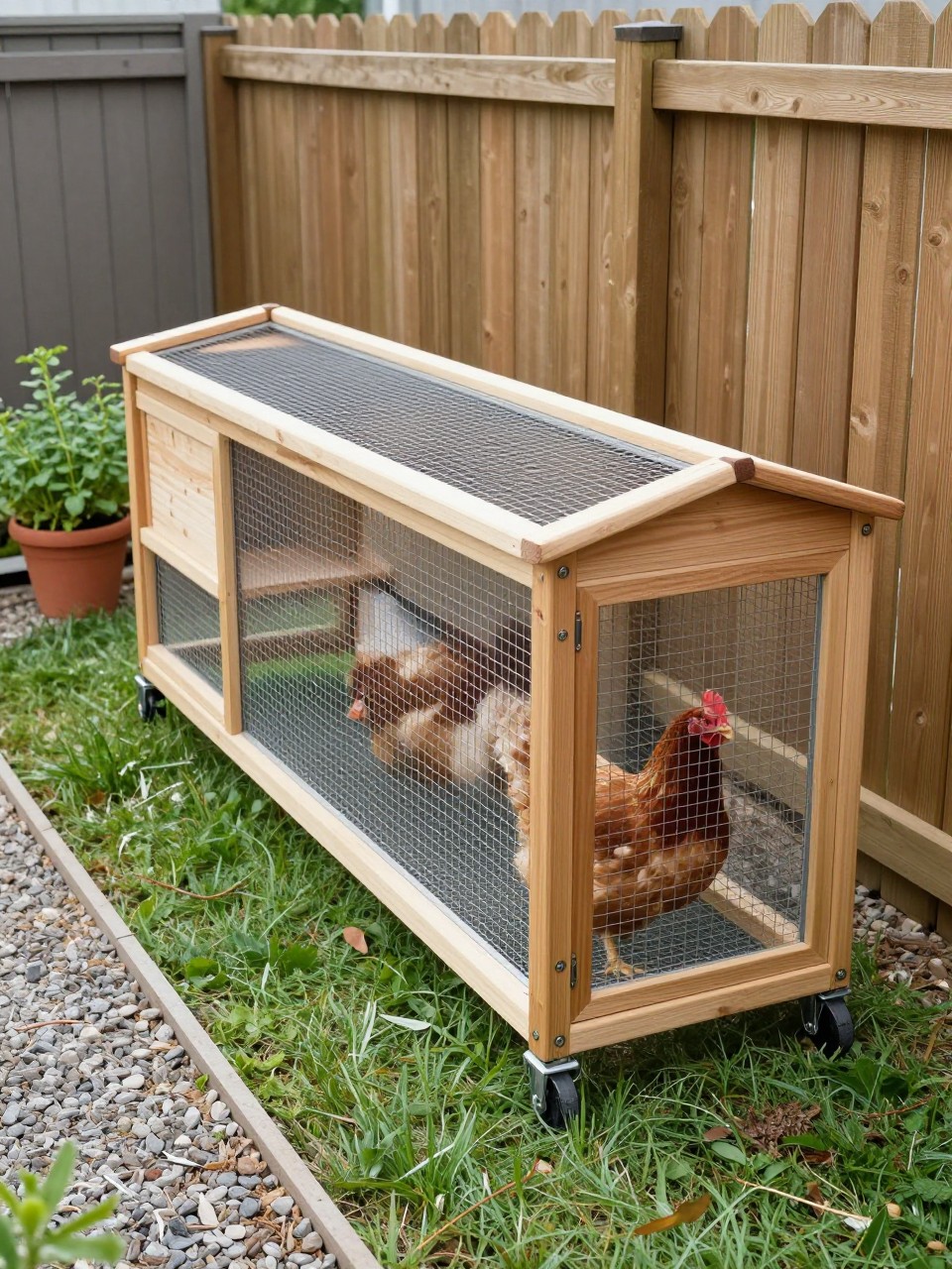 A realistic narrow moveable chicken coop designed for a side yard, slim wooden frame, long wire run, small shelter box at one end, small wheels, pull handle, hens inside, narrow grass strip beside a wooden fence, potted herbs and a gravel path nearby, smart space-saving backyard chicken setup, natural daylight, no people, no text, (no watermarks on images).