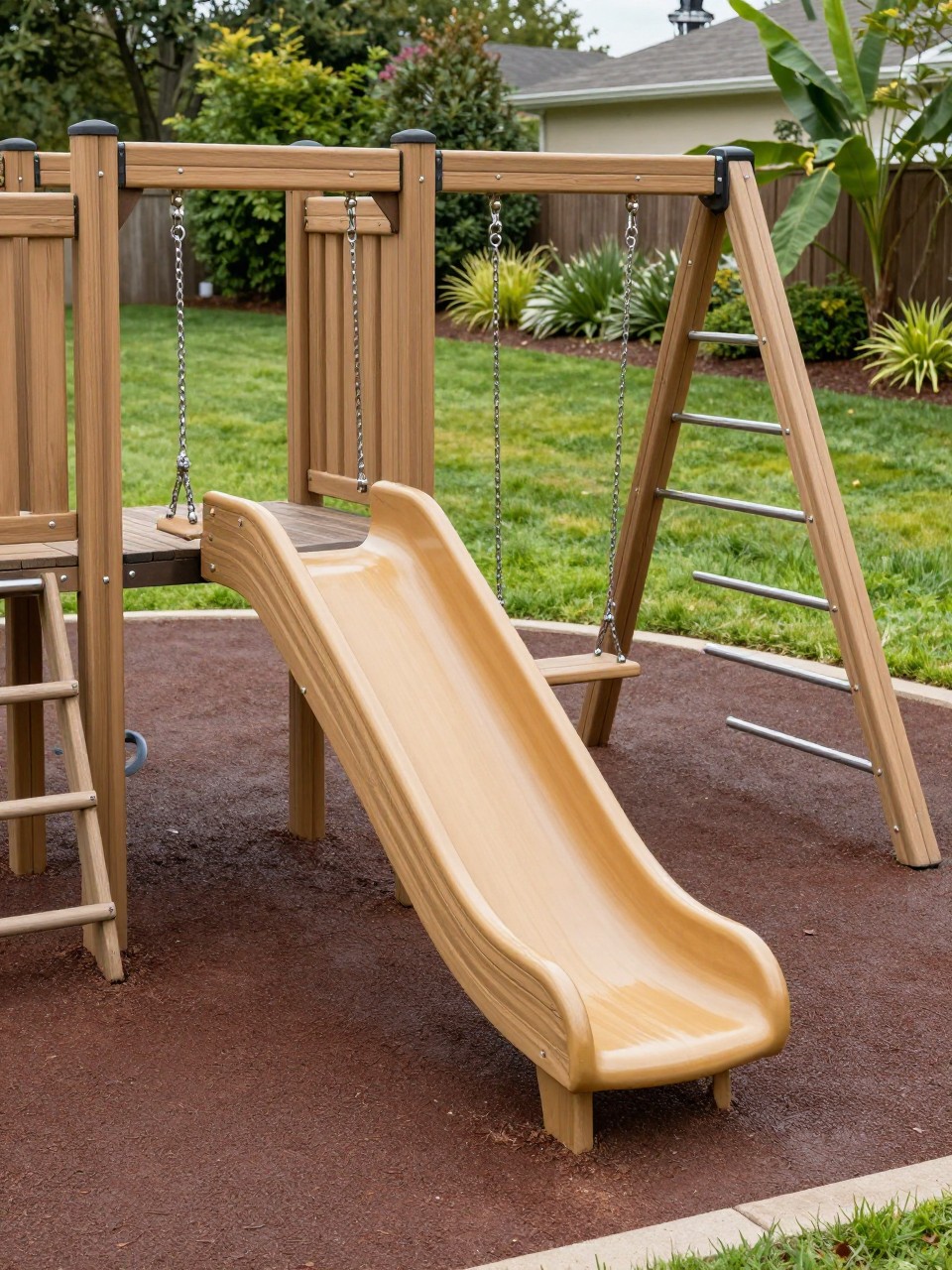 Image Prompt: A neat backyard playground with a wooden swing and slide combo set, soft rubber mulch, simple climbing ladder, green lawn, tidy garden border, family-friendly outdoor setup, bright natural light, realistic DSLR photo quality, no people, no watermarks on images.