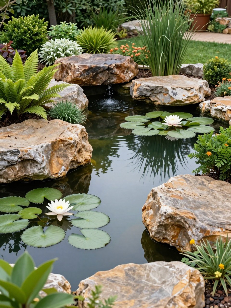 Image Prompt: A beautiful garden pond edged with large natural boulders, water lilies, ferns, ornamental grasses, soft planting, calm reflective water, peaceful backyard setting, premium natural pond landscaping, realistic DSLR photo quality, no people, no watermarks on images.