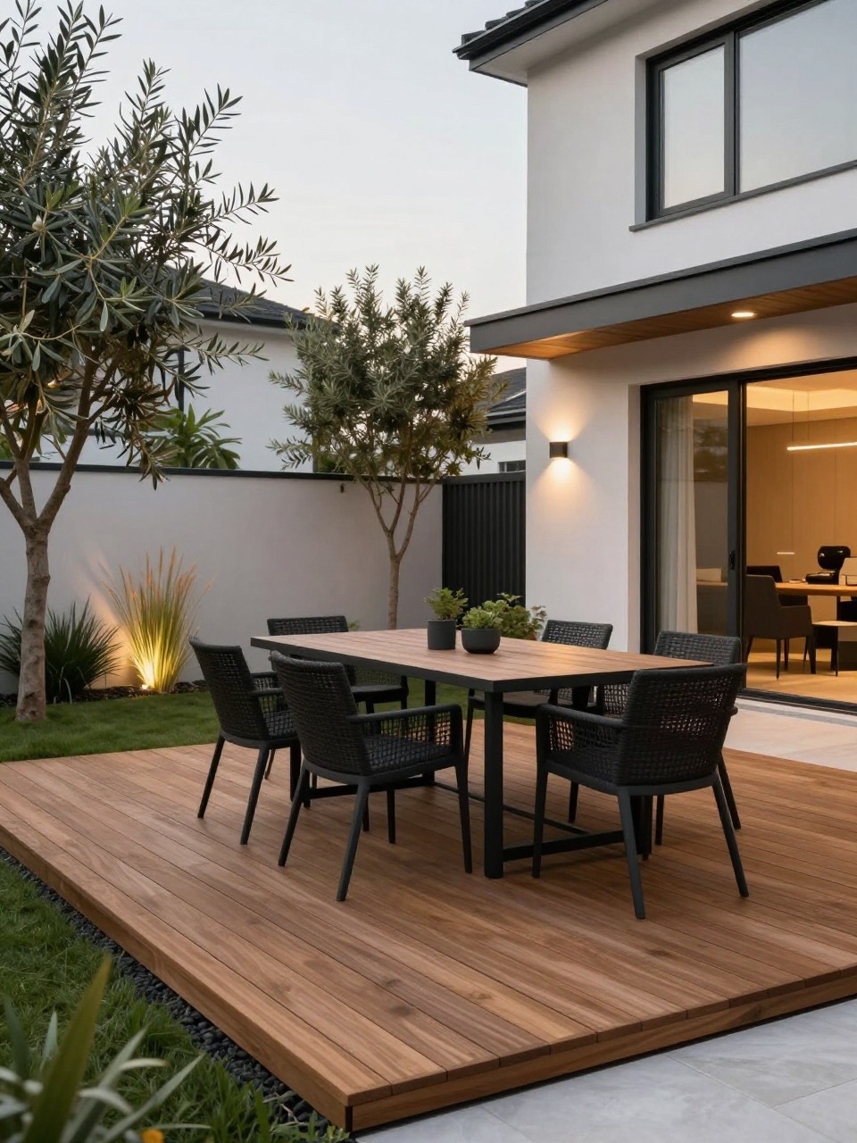 Image Prompt: A modern no grass backyard with a warm wooden deck, sleek outdoor dining table, black planters, olive trees, ornamental grasses, soft outdoor lighting, clean contemporary home exterior, premium backyard patio design, realistic DSLR photo quality, no people, no watermarks on images.