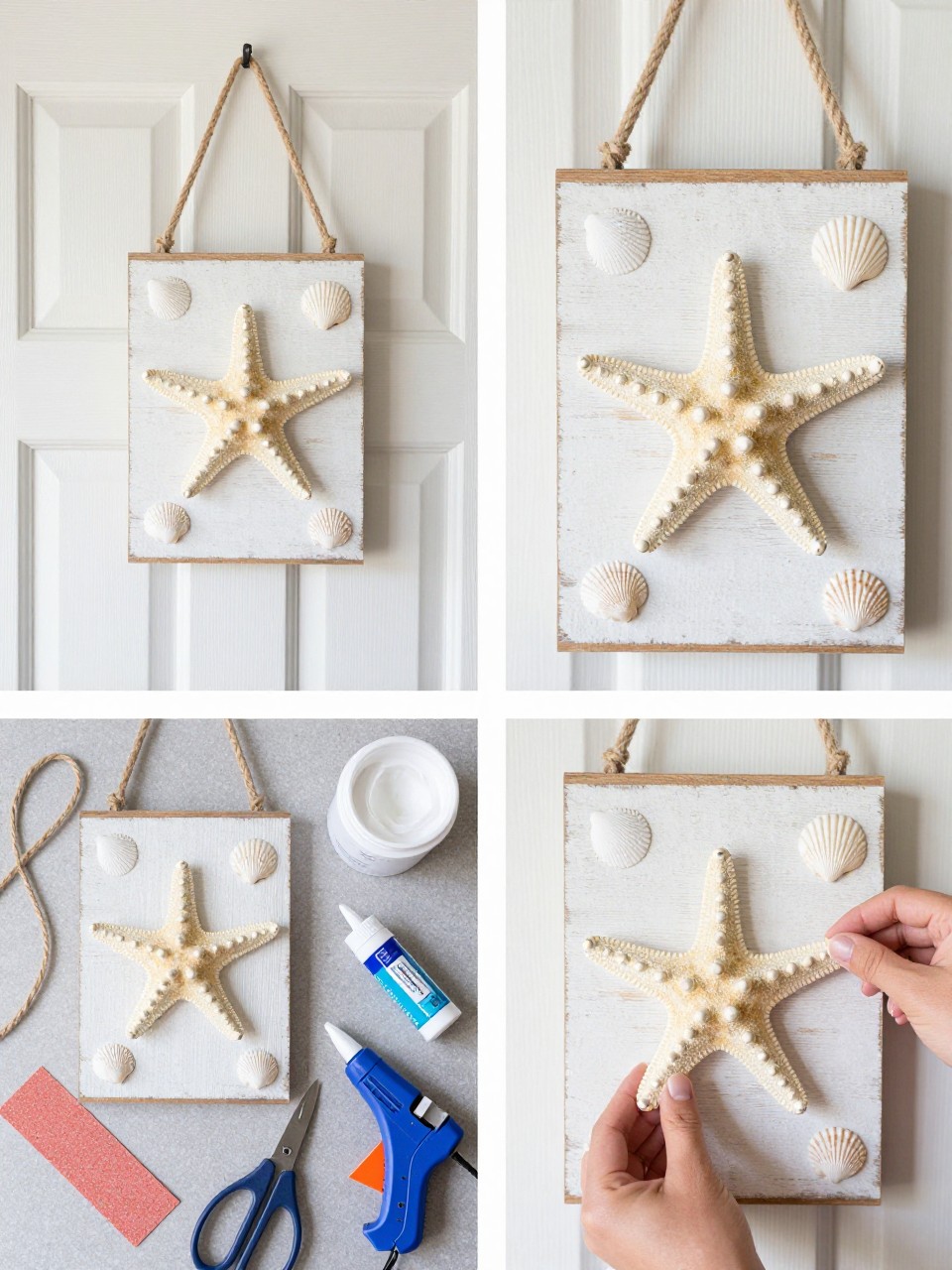 A realistic editorial 2x2 collage grid showing a DIY wooden starfish door sign, top-left finished small wood sign with faux starfish, shells, whitewashed wood, and rope hanger hanging on a covered door, top-right close-up of starfish texture, rope hanger, and shell details, bottom-left flat lay of wood board, faux starfish, small shells, jute rope, white paint, hot glue gun, scissors, sandpaper, and clear sealer, bottom-right cropped hands gluing a starfish to the sign, coastal summer door decor styling, no faces, no text, no watermark on images.