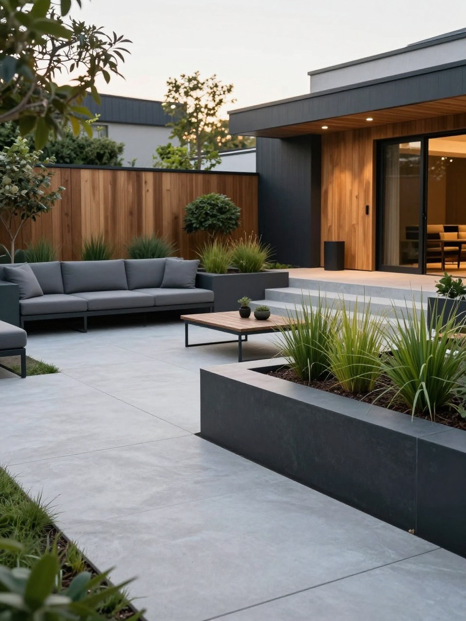Image Prompt: A modern no grass backyard with smooth concrete patio, built-in planter beds, soft grasses, small shrubs, outdoor sectional, black accents, warm wood details, premium contemporary garden design, realistic DSLR photo quality, no people, no watermarks on images.