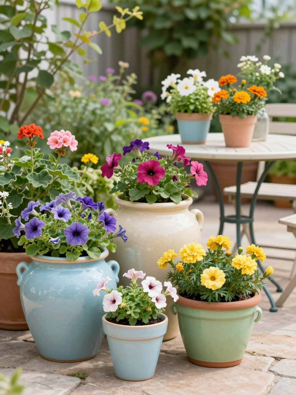 Image Prompt: A cheerful patio with mixed glazed ceramic pots in soft blue, cream, and green tones, filled with colorful flowers, petunias, geraniums, marigolds, and trailing plants, small bistro table nearby, stone paver floor, sunny garden patio mood, no people, realistic DSLR photo, no text, no watermarks on images.