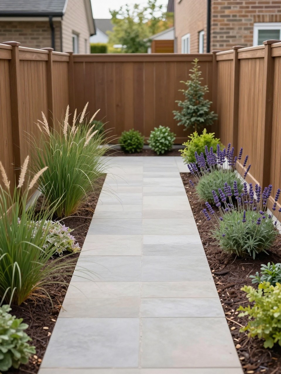 Image Prompt: A narrow townhome backyard with a clean stone pathway, slim planting borders on both sides, ornamental grasses, lavender, small shrubs, warm fence backdrop, elegant compact garden walkway design, realistic DSLR photo quality, no people, no watermarks on images.