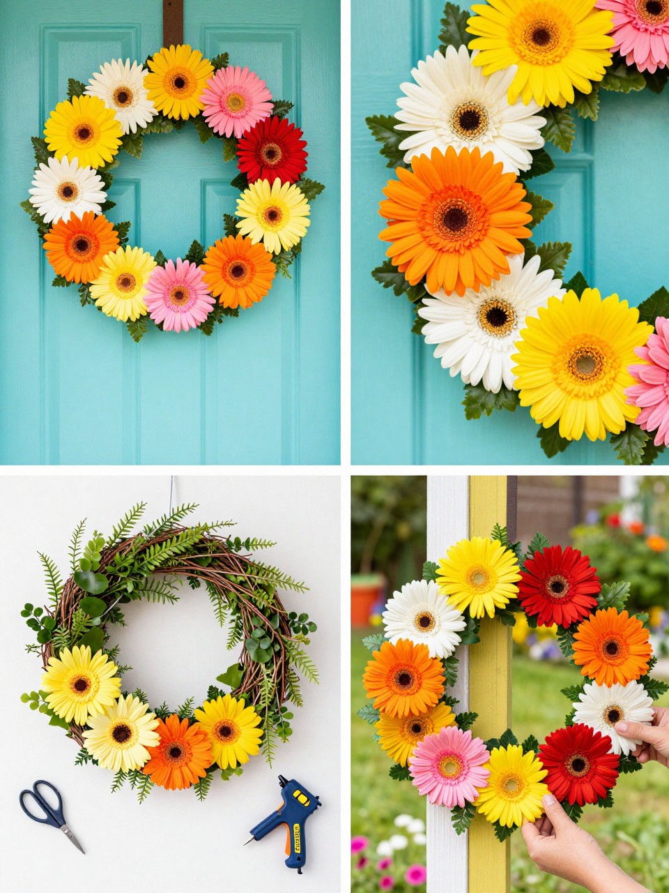 A realistic editorial 2x2 collage grid showing a bright gerbera daisy summer wreath, top-left finished wreath on a turquoise door with large gerbera daisies in yellow, pink, orange, red, and white, top-right close-up of daisy petals and green leaves, bottom-left flat lay of grapevine wreath base, faux gerbera daisies, greenery, floral wire, scissors, and hot glue gun, bottom-right cropped hands placing daisies around the wreath, colorful garden porch setting, no faces, no text, no watermark on images.