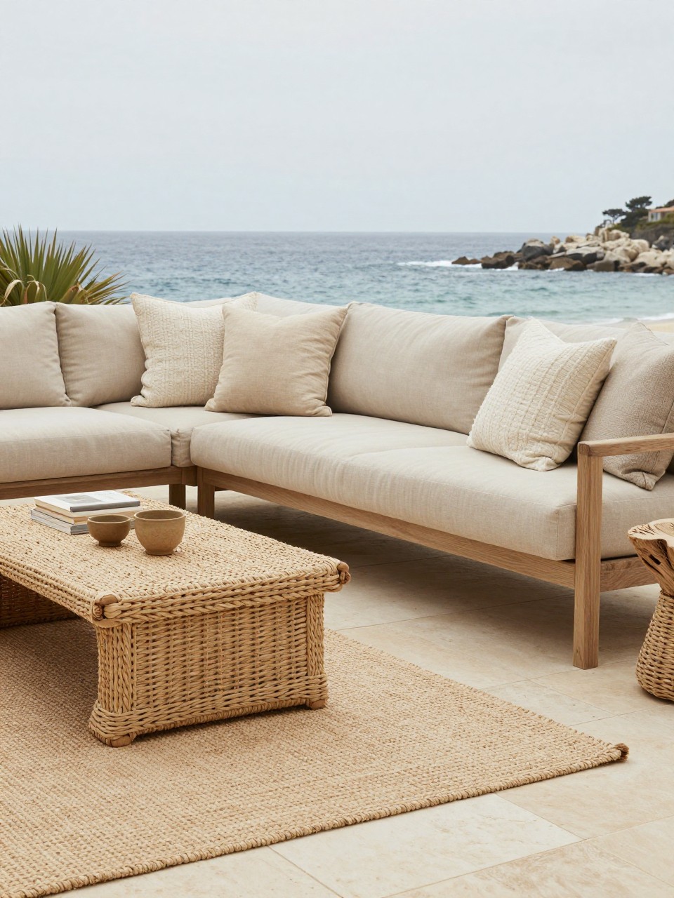 Image Prompt: A stylish coastal patio decorated in sandy neutral tones with beige outdoor sofa, cream cushions, textured throw pillows, woven coffee table, light jute-style rug, driftwood accents, pale stone patio floor, soft natural daylight, no people, realistic DSLR image, no text, (no watermarks on images)