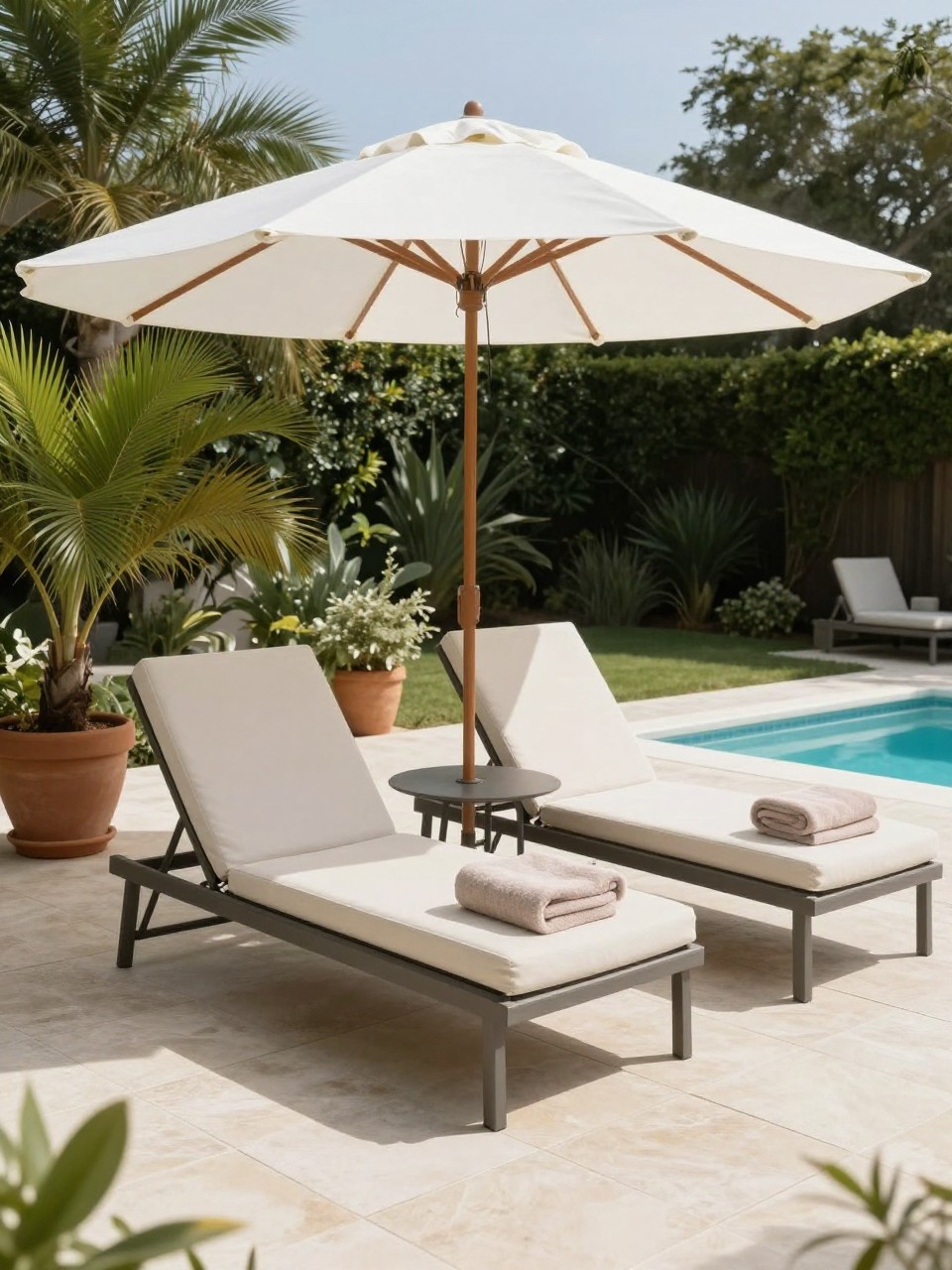 Image Prompt: A clean resort-style patio with a crisp white patio umbrella shading two cushioned lounge chairs, pale stone floor, potted palms, small round table, soft neutral towels, bright sunny backyard poolside feel, no people, realistic DSLR image, no text, no watermarks on images.