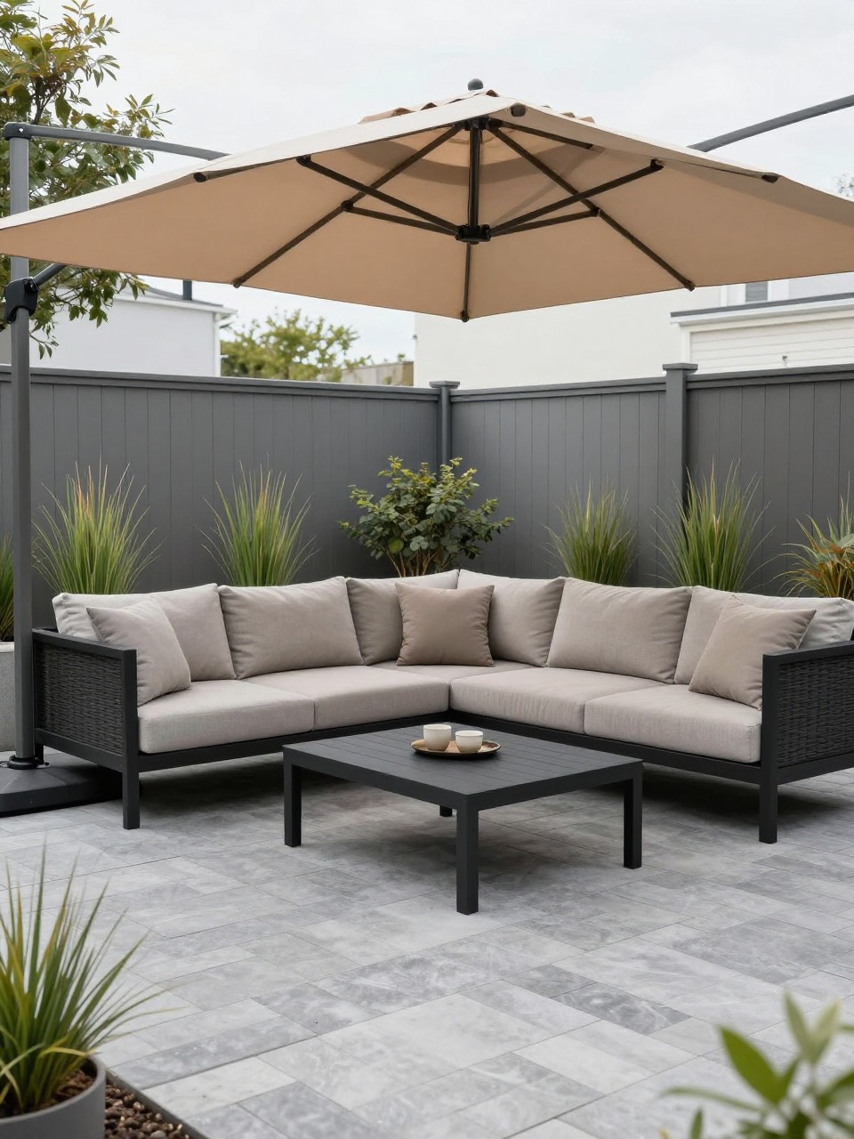 Image Prompt: A modern backyard patio with a large beige cantilever umbrella shading an outdoor sectional sofa, low black coffee table, gray paver floor, potted grasses, neutral outdoor cushions, clean backyard fence, stylish and practical lounge setup, no people, realistic DSLR photo, no text, no watermarks on images.