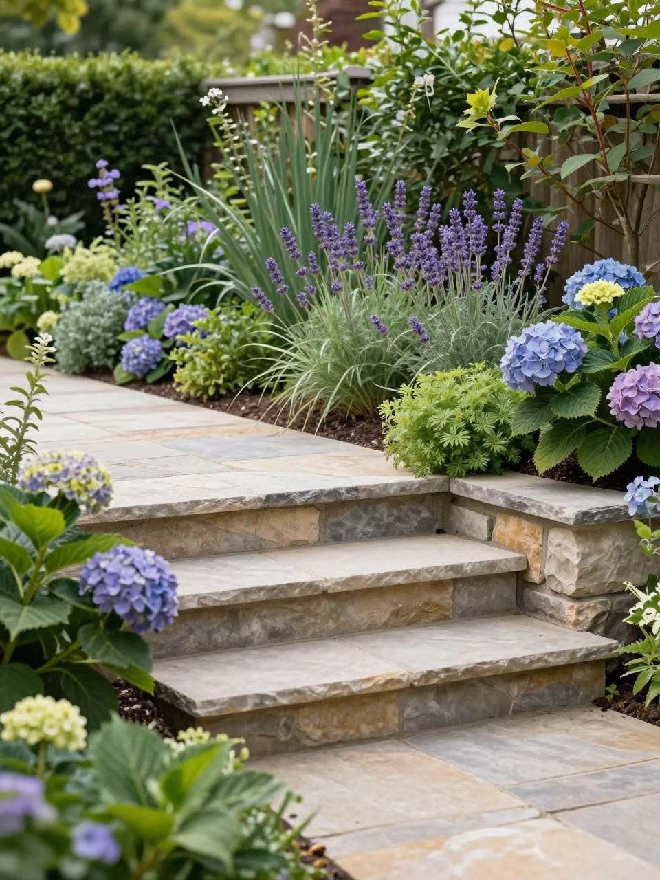 Image Prompt: A beautiful two level garden with curved natural stone steps leading from a lower patio to an upper flower garden, lush borders, lavender, hydrangeas, soft greenery, elegant cottage-modern landscaping, warm daylight, realistic DSLR photo quality, no people, no watermarks on images.