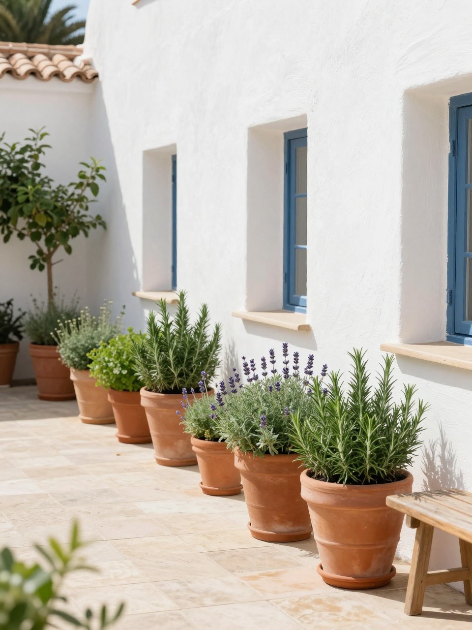 Image Prompt: A bright Mediterranean patio with white stucco walls, rows of large terracotta clay pots filled with rosemary, lavender, thyme, and leafy greenery, light stone floor, simple wooden bench, warm sunlight, clean and relaxed outdoor garden mood, no people, realistic DSLR image, no text, no watermarks on images.