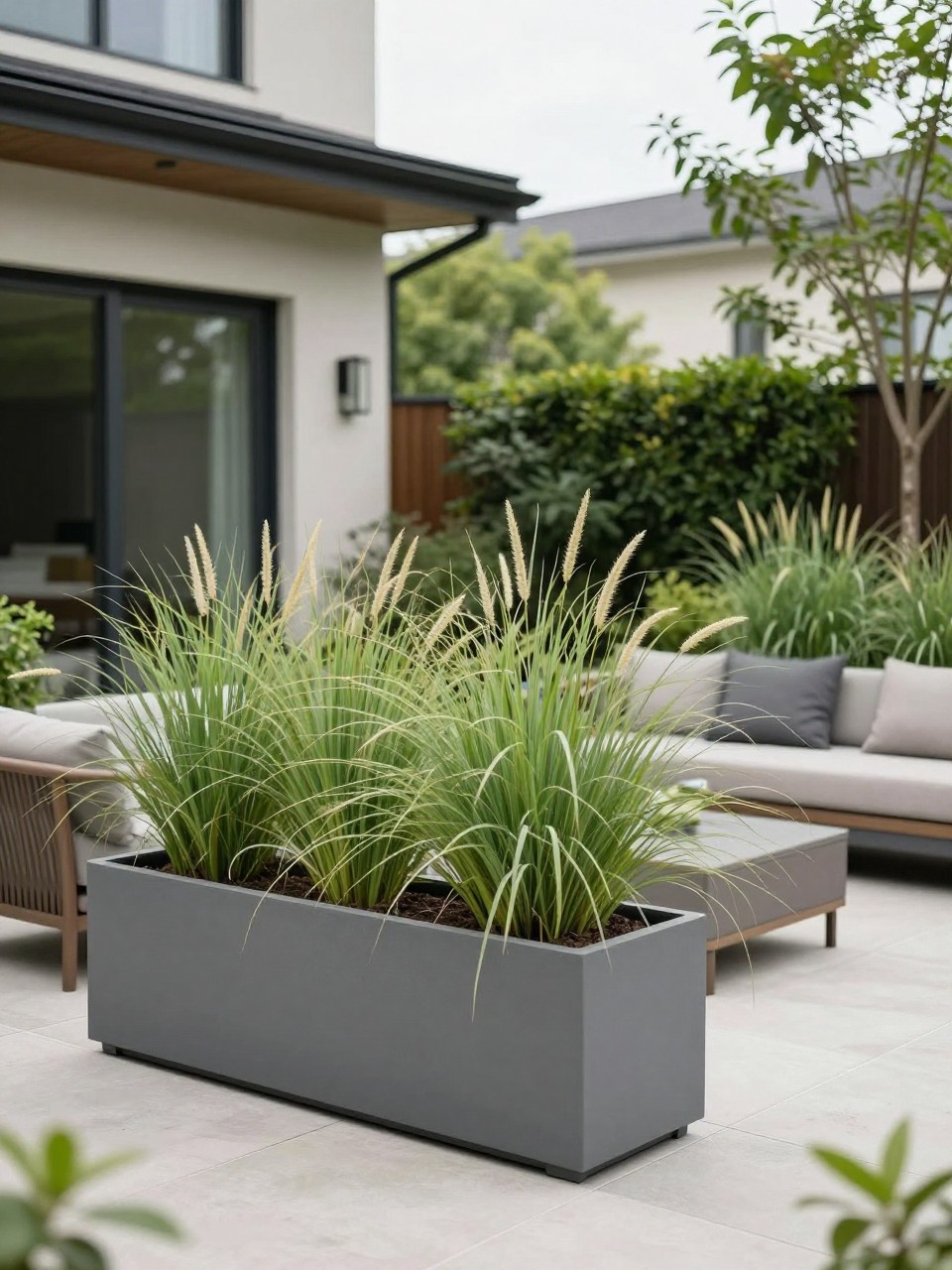 Image Prompt: A stylish garden patio with large rectangular planters filled with tall ornamental grasses, soft outdoor seating, clean paving, modern home exterior, layered greenery, premium and private outdoor setup, realistic DSLR photo quality, no people, no watermarks on images.