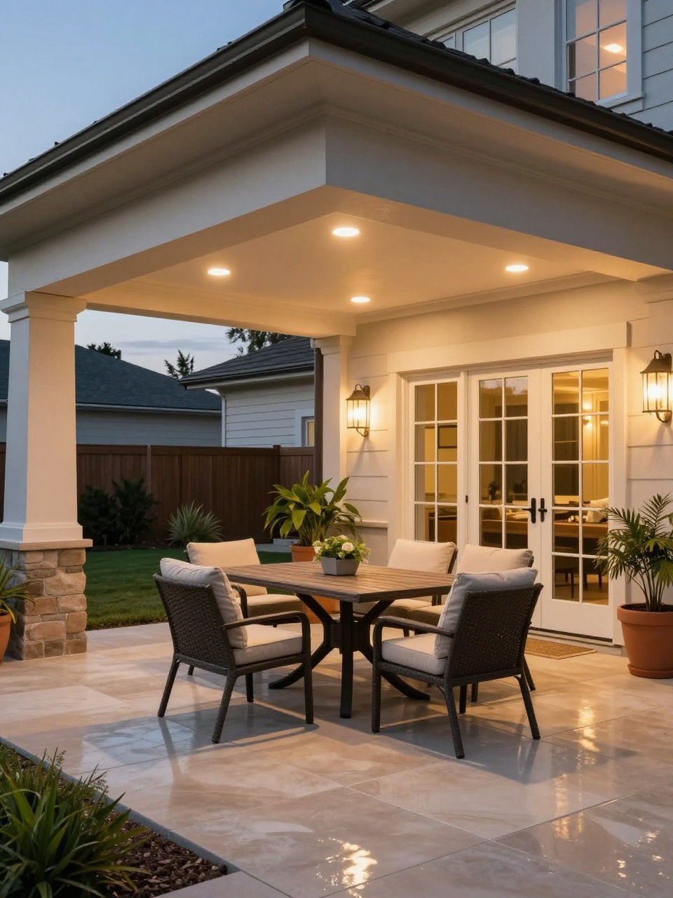 Image Prompt: A beautiful covered patio attached to the house with built-in recessed ceiling lights, outdoor dining table and lounge seating, smooth tile floor, neutral cushions, potted plants, warm evening glow, polished backyard entertaining space, no people, realistic DSLR image, no text, no watermarks on images.