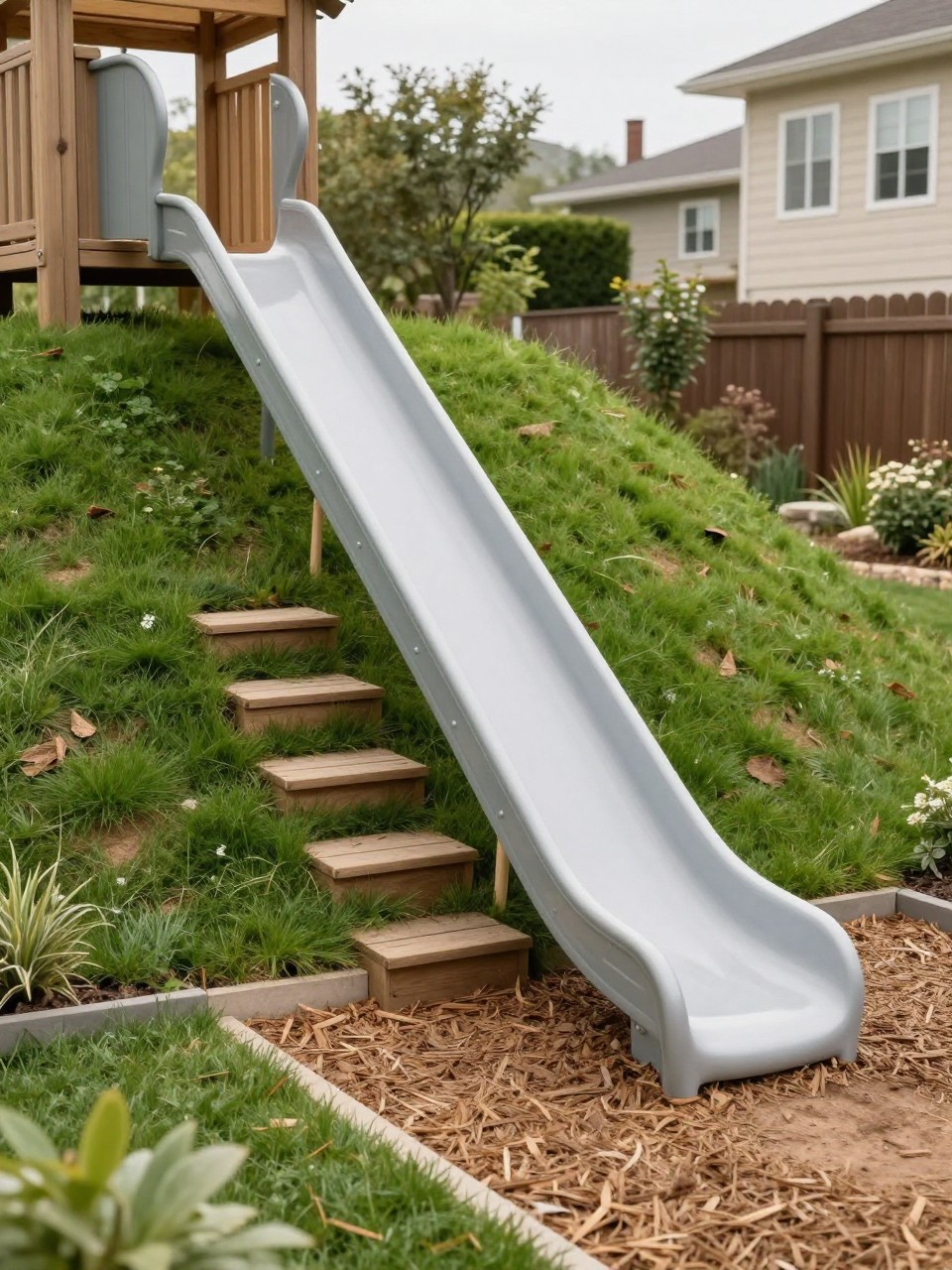 Image Prompt: A family-friendly slanted backyard with a kids’ slide built into the grassy hillside, timber steps beside it, soft mulch landing area, simple planting borders, playful but neat backyard design, realistic DSLR photo quality, no people, no watermarks on images.