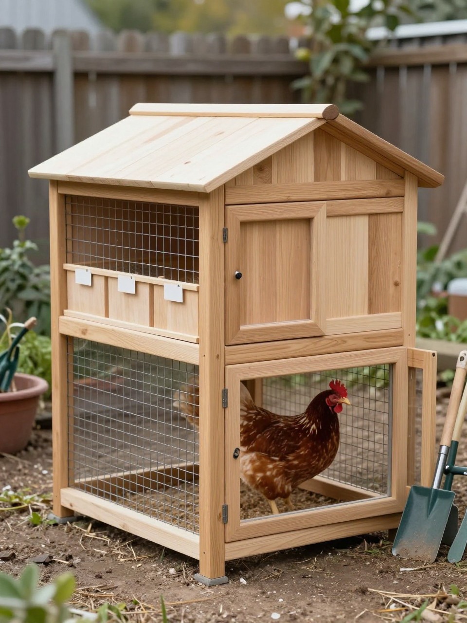 Image Prompt: A compact DIY chicken coop with a built-in side storage cabinet, natural wood finish, small labeled-looking but blank feed bin area with no readable text, secure wire run, sloped roof, clean nesting box access door, chickens inside, garden tools neatly nearby, small backyard homestead setup, realistic daylight, no people, no text, no watermark.