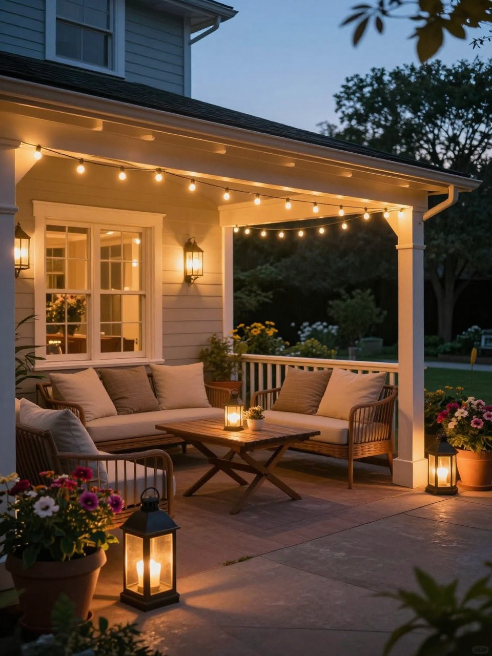 Image Prompt: A beautiful back porch patio at dusk with warm string lights, lanterns on the floor and table, cozy outdoor seating, neutral cushions, potted flowers, soft garden backdrop, magical evening patio atmosphere, realistic DSLR photo quality, no people, no watermarks on images.