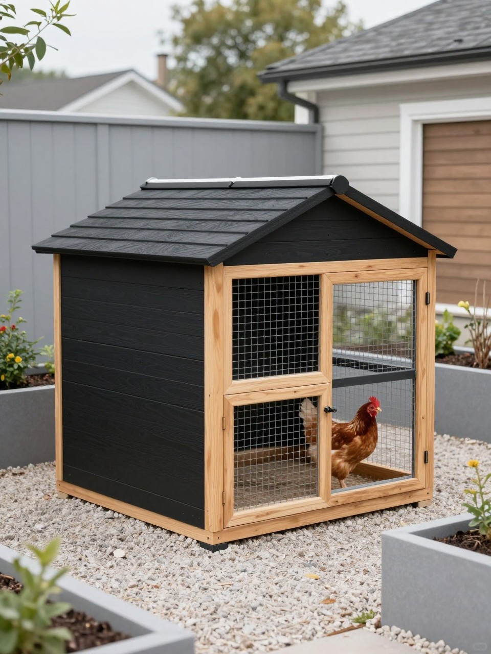 Image Prompt: A modern small chicken coop in a stylish backyard, matte black wood exterior with natural cedar trim, simple rectangular shape, sloped roof, secure wire run, clean gravel base, raised garden beds and modern planters around it, chickens inside the run, bright but balanced daylight, sleek DIY backyard design, no people, no text, no watermark.